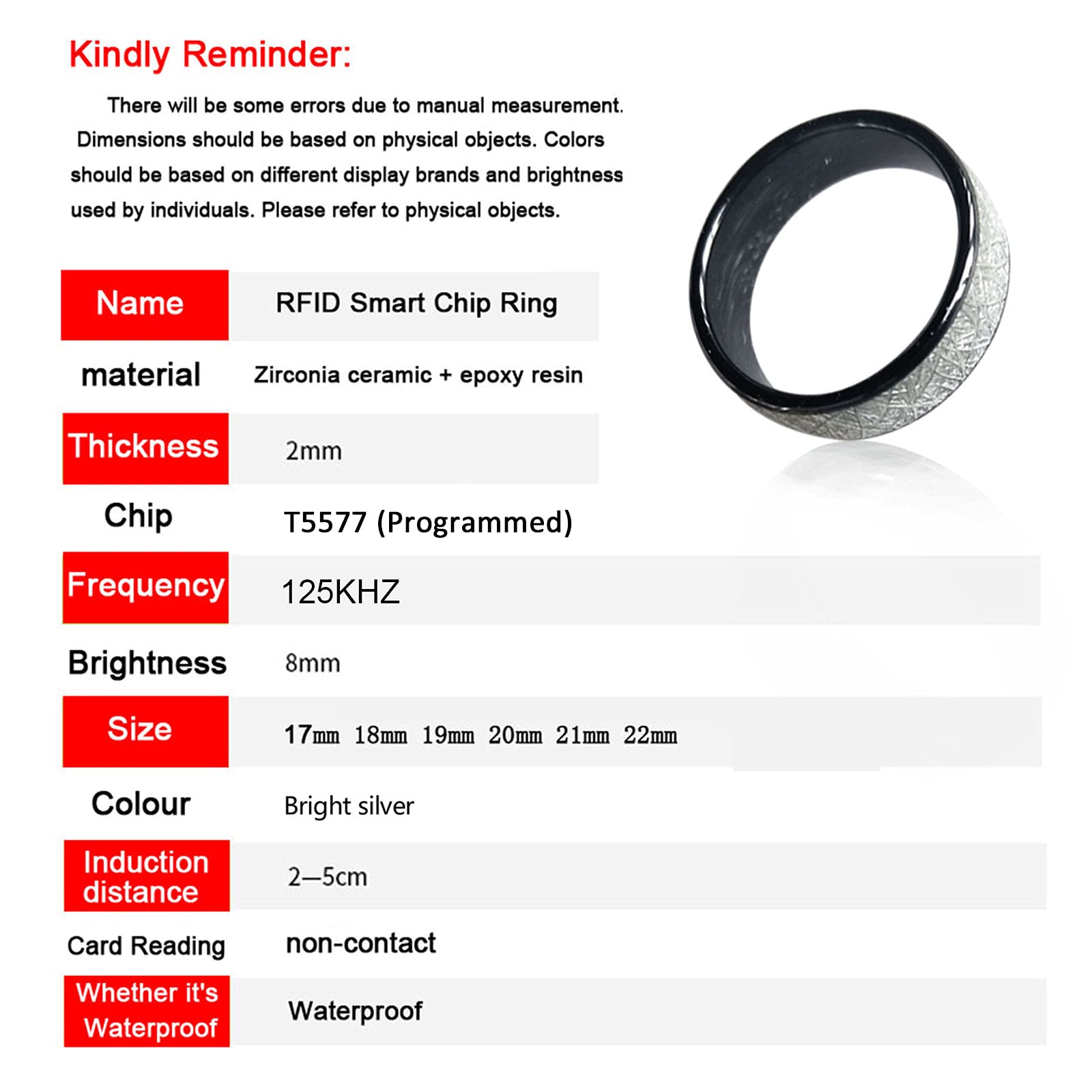 hecere RFID Rewriteable 125KHZ T5577 chip RFID Bright Silver Ceramics Smart Finger Ring Wear for Men or Women (Blank Silver 125khz 18mm)