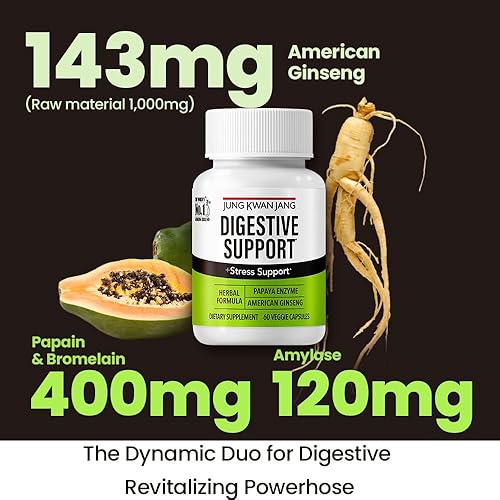 Miniatura 5 de JKJ - Apoyo para el bienestar digestivo - Papaína 400 mg, ginseng americano 143 mg, bromelina 400 mg, suplemento de salud intestinal para comodidad