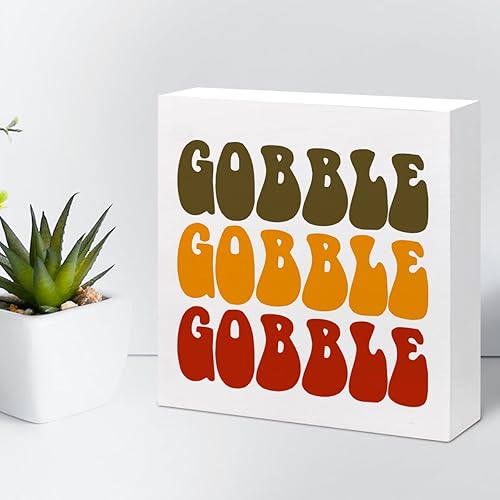 Miniatura 5 de Decoración de escritorio de otoño, Groovy Gobble Gobble Fall Thanksgiving Wood Block Sign Decoración de escritorio, caja de madera rústica de