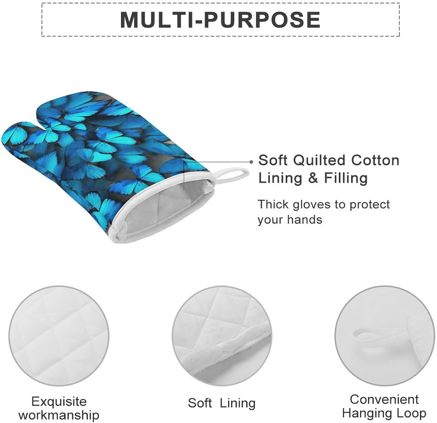 Oven Mitts 2 Pcs Kitchen Oven Glove Many Blue Butterfly Oven Mitt Non-Slip Oven Gloves for Cooking Heat Resistant Hot Pads for Microwave BBQ