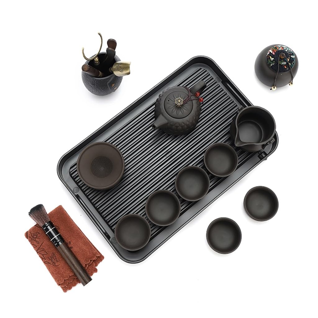 Porzellan Chinesisches Gongfu Tee-Set, Tragbares Tee-Set Für Erwachsene, Asiatisches Teeset Mit Sieb, 13-teilig Mit Grauer Ledertasche, Für Reisen, Outdoor, Geschäft - Schwarze Keramik