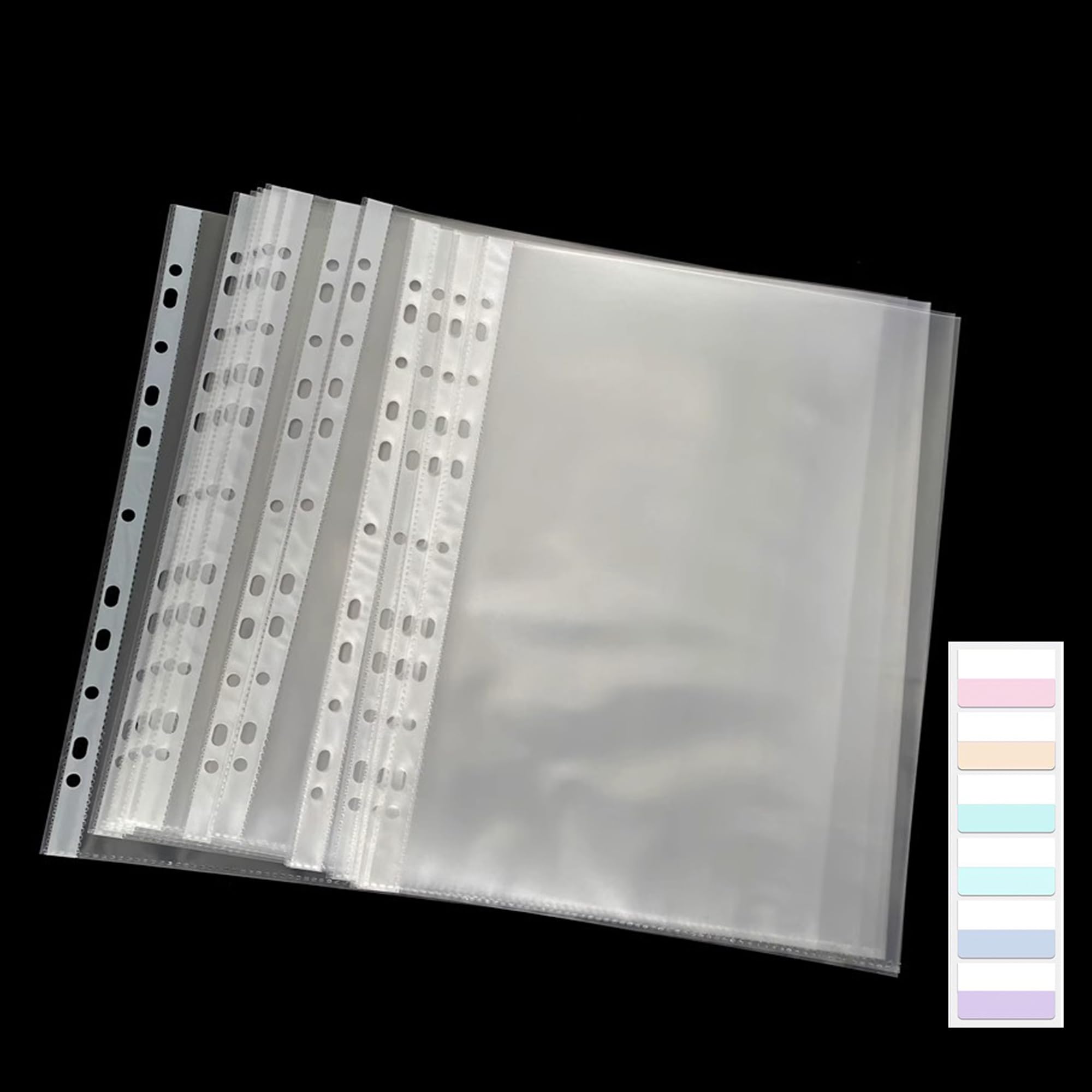 50 Pcs A4 Clear Document Folders with 60 Tabs, Waterproof Plastic Sleeves with 11-Holes for Binders, Organizing Papers, Files for School, Office, Business, Home Use