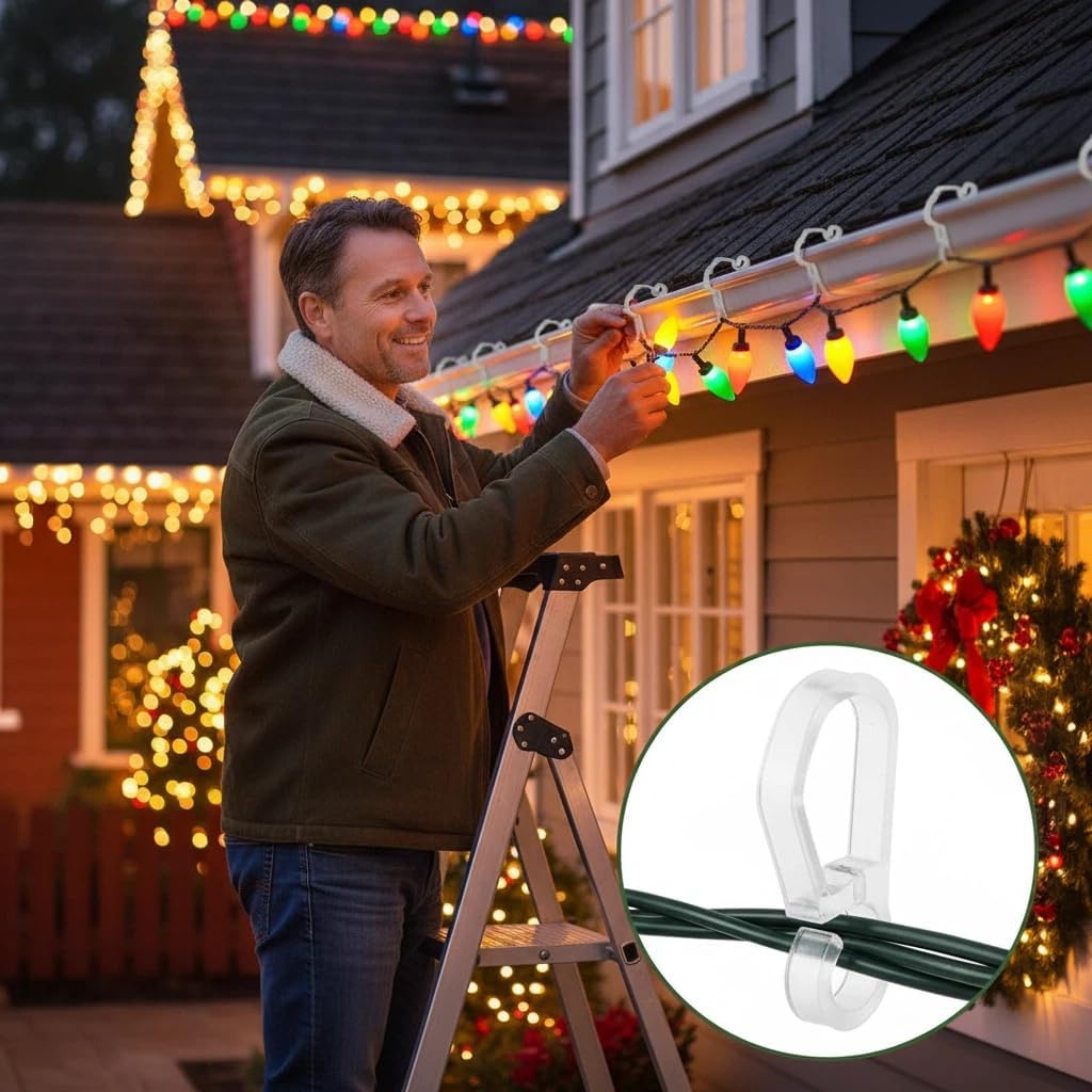 Christmas Light Clips, White Gutter Hooks Outside String Lights Clips Weatherproof Outdoor Seasonal Lighting Hooks Easy Installation of Christmas Lights on Shingles Gutters (120, White)