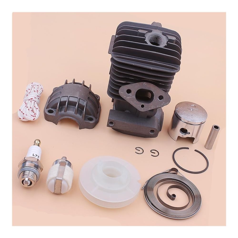 Kit de Base de cárter de Motor de pistón de Cilindro de 34 mm, Compatible con polea de Arranque de Retroceso de 25 CC, Resorte, Cuerda, bujía y Pieza de Motosierra.