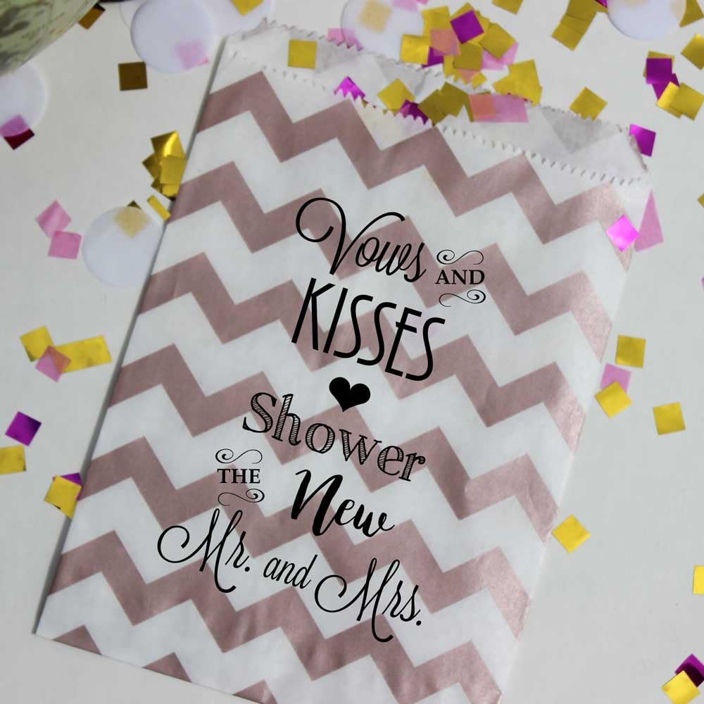 Bakers Bling Wedding Toss Bags, Vows & Kisses Shower The New Mr & Mrs, Rose Gold and White Chevron Confetti Bags, Set of 48 Bags and 48 Stickers