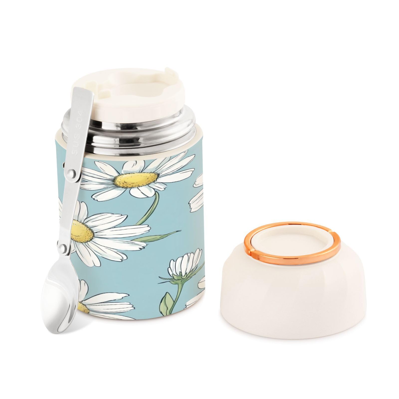 Ewusp Daisy Food Flask for Adults 500ml Stainless Steel Double Walled Vacuum Insulated Food Jar with Folding Spoon BPA Free Leakproof Food Container for Hot Food Soup