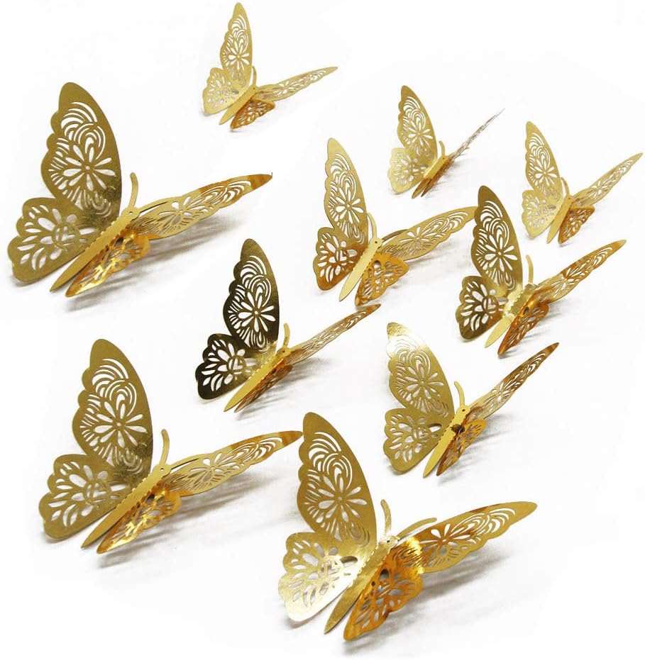 FOMTOR 3D Butterfly Wall Stickers Butterfly Wall Decals for Home Decor DIY Butterflies Fridge Sticker Room Decoration Party Wedding Decor (48 Pcs, Gold)