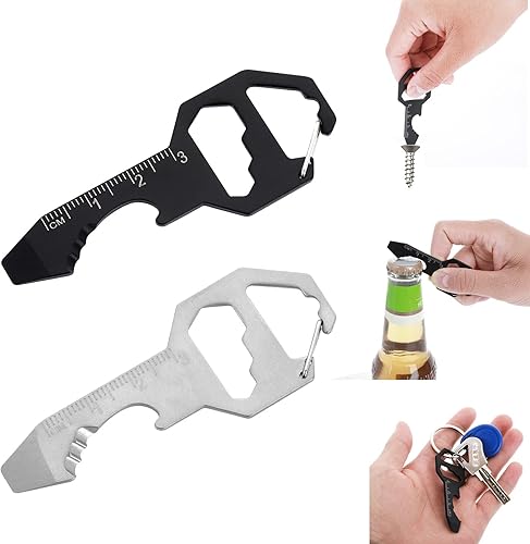 Cobee Llavero abridor de botellas multiherramienta, 2 piezas 6 en 1 llavero herramienta de bolsillo para abridor de botellas, destornillador, regla,