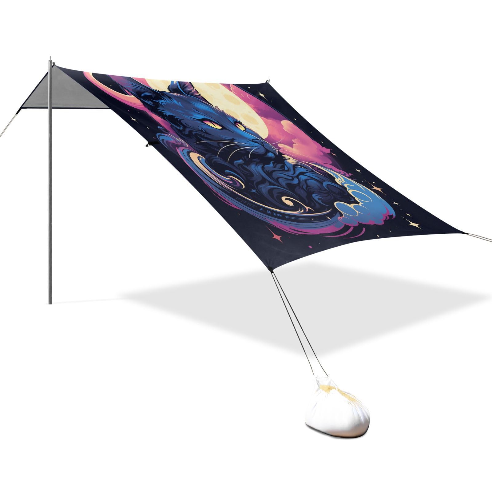 Kunstwerk Katze Mond Strandzelt Sonnenschutz Camping-Vordach,Einfach Aufzubauen,Tragbar mit Sandsäcken für Angeln und Picknick im Freien