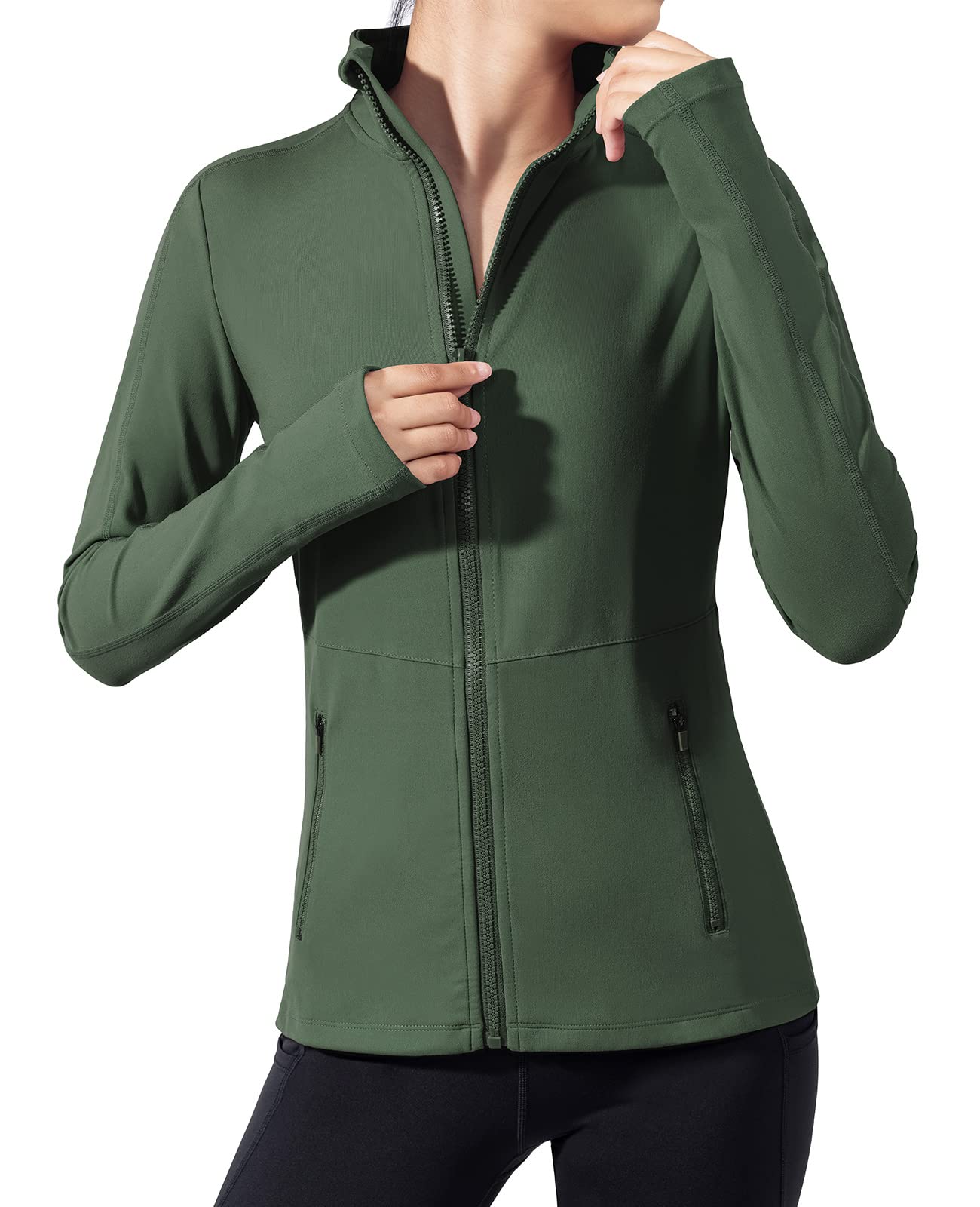 VUTRU Damen Laufjacke Hoher Kragen Leicht Sportjacke Langarm Yoga Shirt Fitness Jacke Atmungsaktive Trainingsjacke mit Daumenlöchern und durchgehendem Reißverschluss