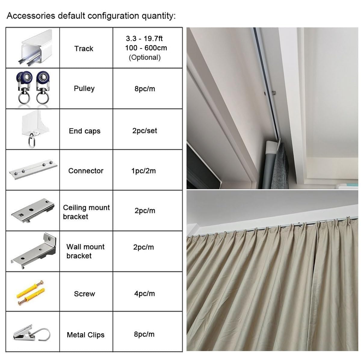 Binario Tenda Alluminio Bianco, Guida Per Tende Soffitto E Parete, 100 200 300 400 450 500 560 600 cm Binario Per Tende, Sistema Scorrevole Per Bovindo E Finestre(200cm)