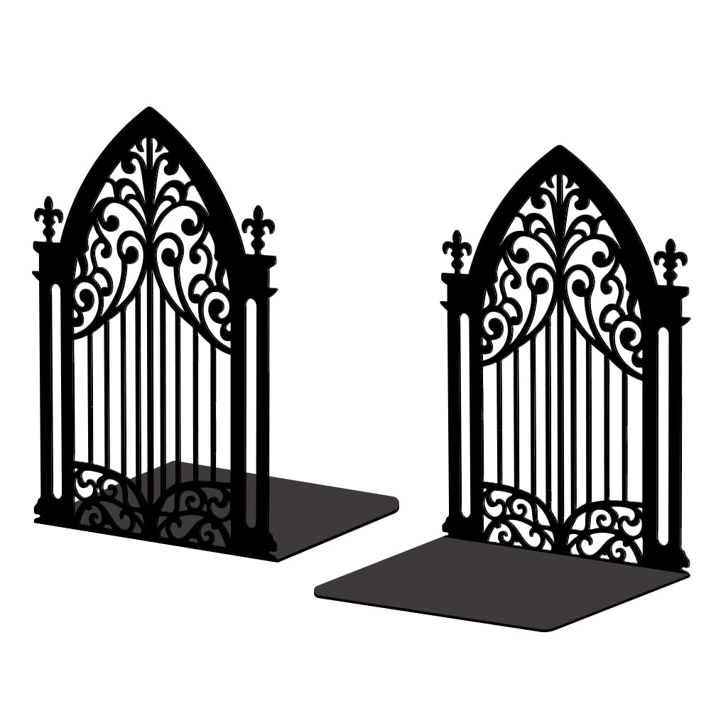 Peacoblue Metal Bookend Stopper Holder Stand for Shelves Decorative, 5.3"x4.3"x7.3" Modern Creative Heavy Duty Study Book End for Desk Shelf, 1 Pair (Gothic Gate)