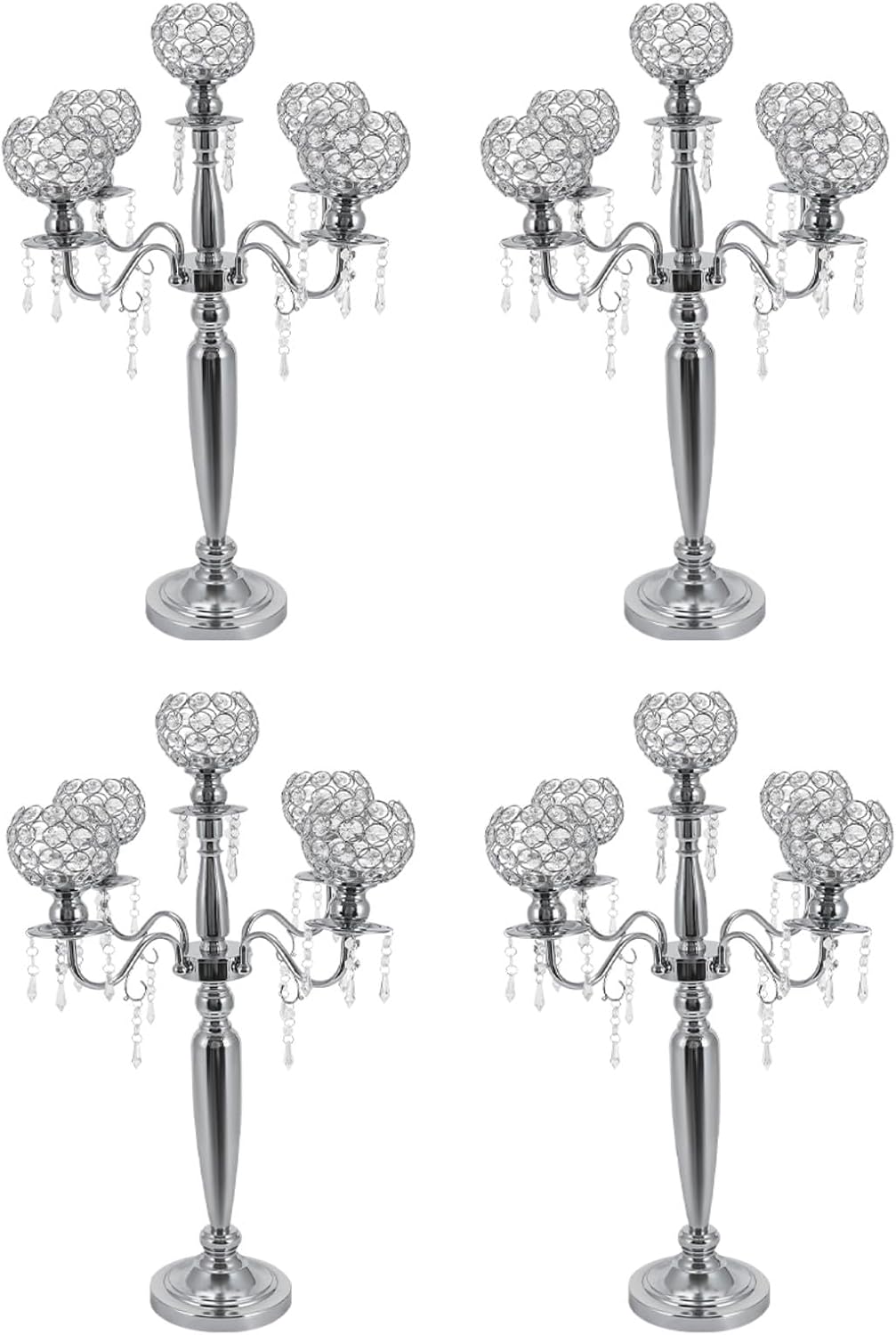 5 Arm Crystal Candelabra Centerpieces for Tables, 29.5 inch Tall Silver Candle Holders, 4Pcs Elegant Crystal Candelabras Chandelier for Wedding, Christmas, Dinner Party, Home Table Decoration