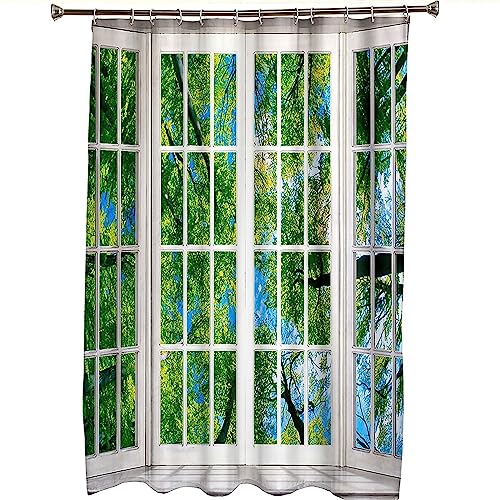 Rideau de douche salle de bain imperméable blanc vert polyester avec anneaux - 7