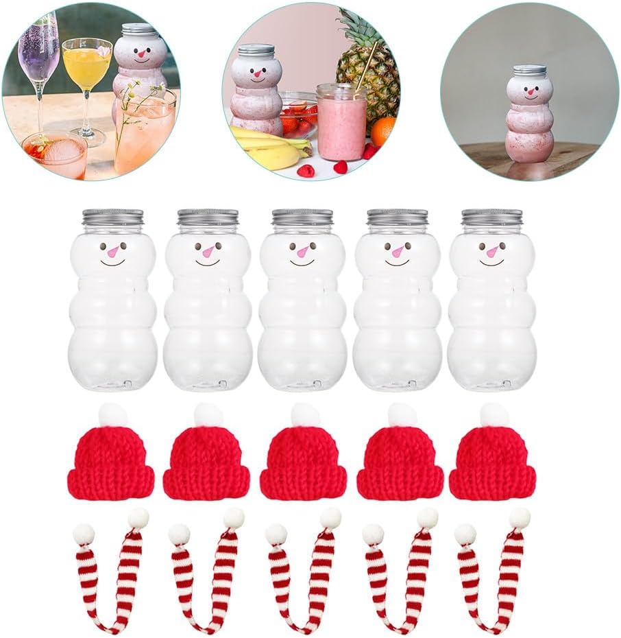 Milk Tea Juice Bottle Set of 15 Snowman Shaped Reusable Juice Bottles with Caps 5.9 Inch Pet Transparent Drink Containers for Cold Beverages and Kids Party