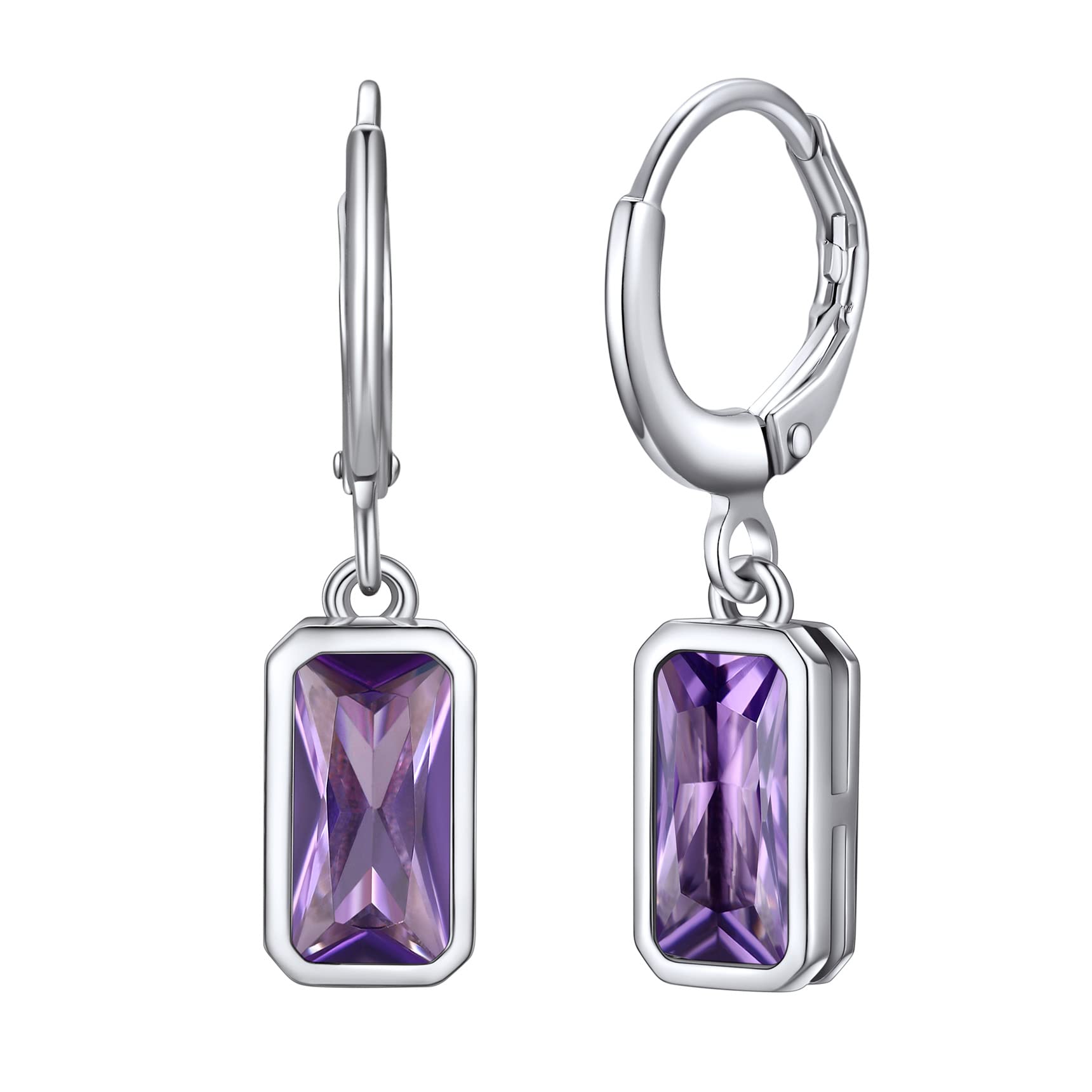 Bestyle Sterling Silver Small Dainty Birthstone Drop Earrings for Women with Rectangular Baguette Crystal & Huggie Hoop Silver Dangle Earring for