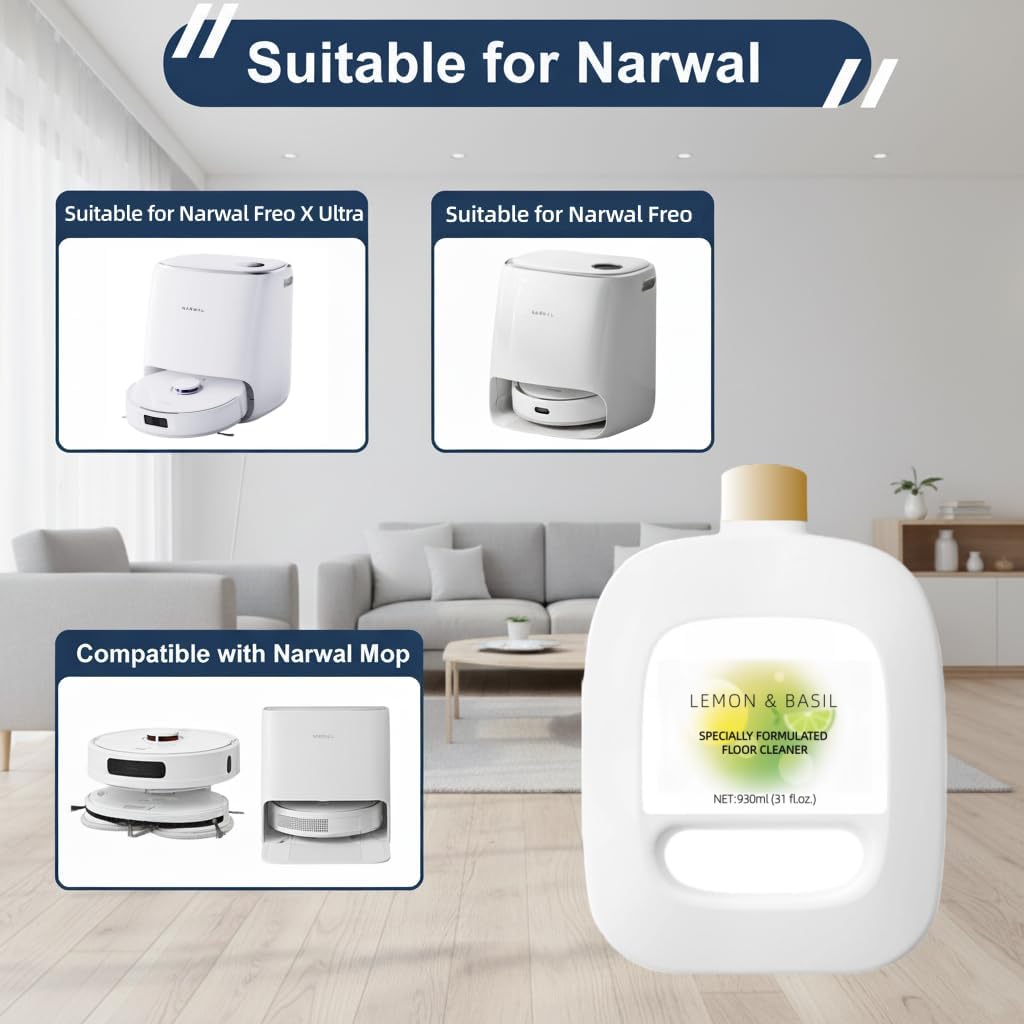 Floor Cleaning Solution Compatible With NARWAL Robot Vacuum And Mop Cleaner(Model Freo | Freo X Ultra). Residue & Streak Free.Deep Cleans For Multiple Hard Floors.LEMON & BASIL Scent(2 bottle)