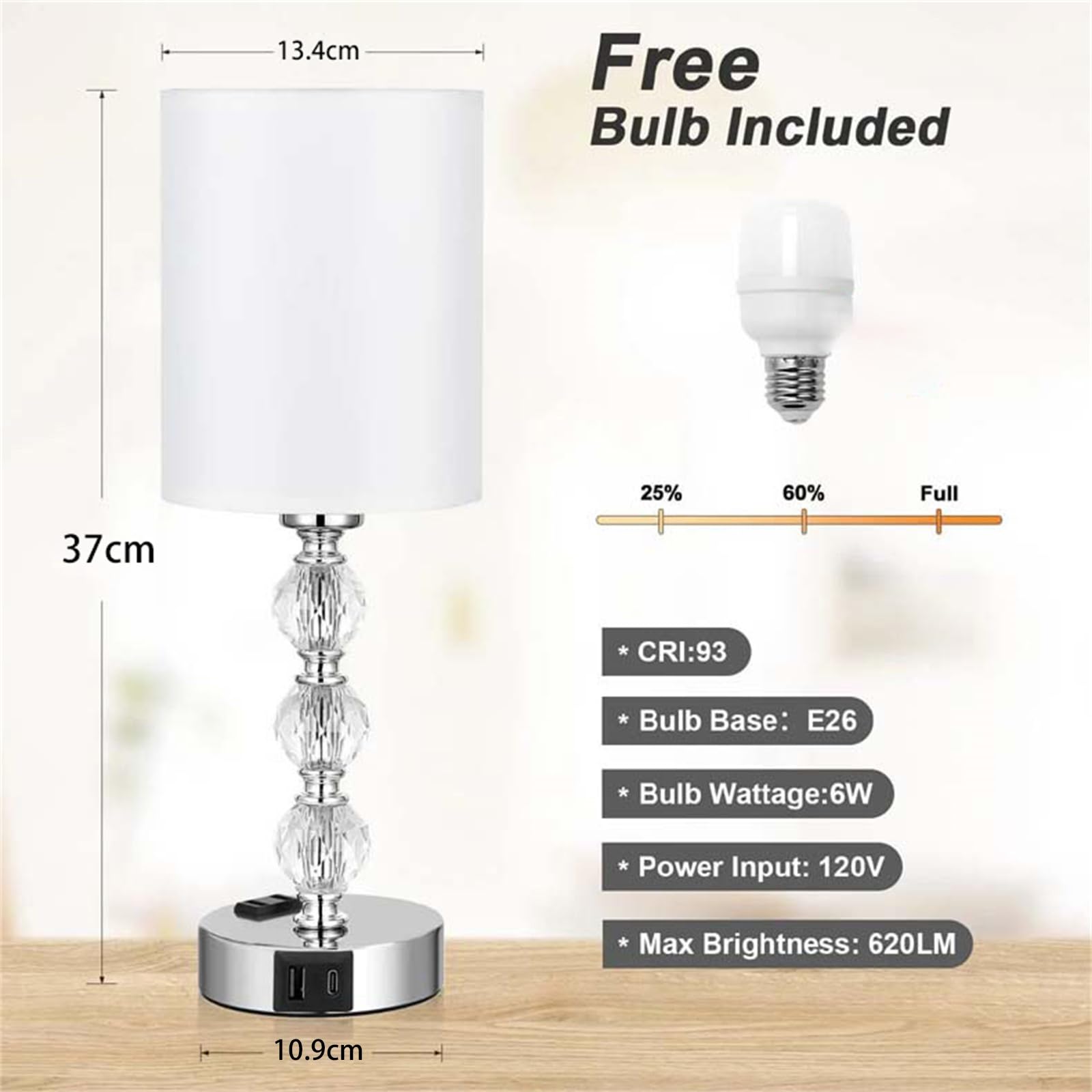 Lampada da Tavolo con Porte Ricarica USB C+A & Presa CA Lampada da Scrittoio Cristall Touch Dimmerabile Lampada da Comodino con Lampadina Paralume Illuminazione da Tavolo per Ufficio (A,1 Pezzi)