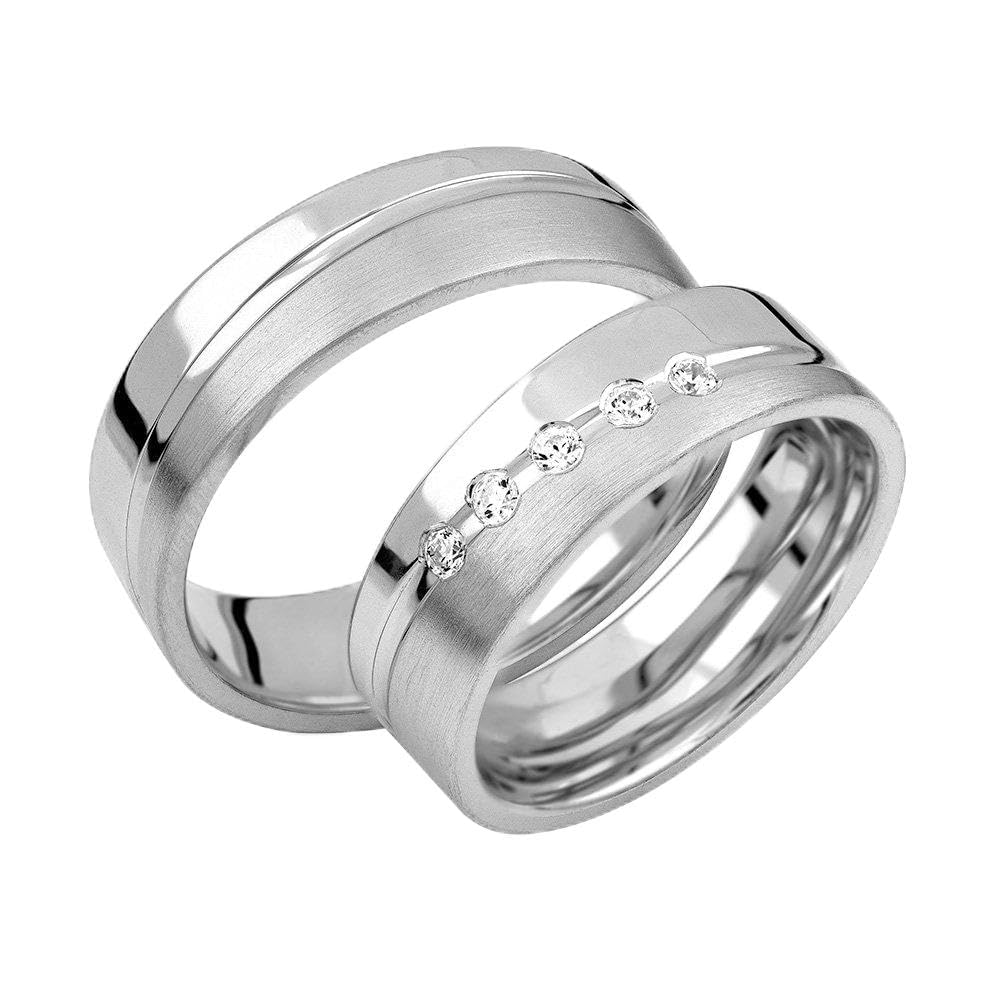 JC Trauringe 925er Sterling Silber Paar-Preis I Ehe-Ringe mit kostenloser Gravur I Verlobungsringe 6 mm breit mit Etui-Box I Herren-Ring ohne & Damen-Ring mit 5 Zirkonia-Steinen I Gr. 48 bis 72 I S071