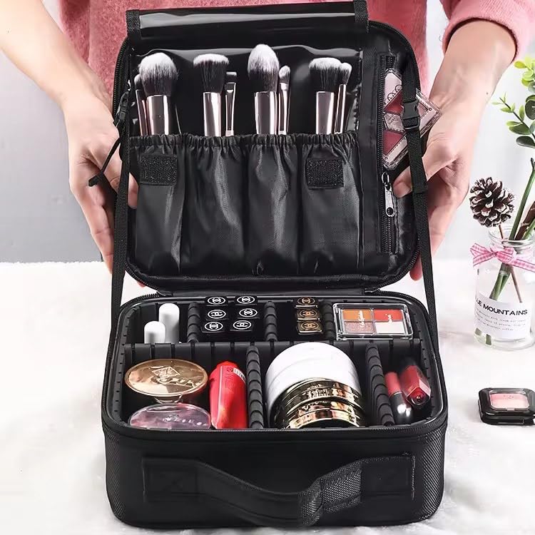 Image of SHAMAX Professional Makeup Case Organizer Bag for Women, Travel Cosmetic Kit Vanity Box with Adjustable Dividers, Portable Beauty Makeup Organiser & Cosmetic Travel Pouch | (Hot Pink)