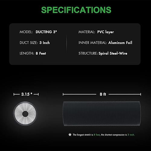 Vista 115 de iPower Manguera de ventilación flexible de 3 pulgadas y 8 pies de conducto de aluminio de 4 capas de protección para secadora para calefacción