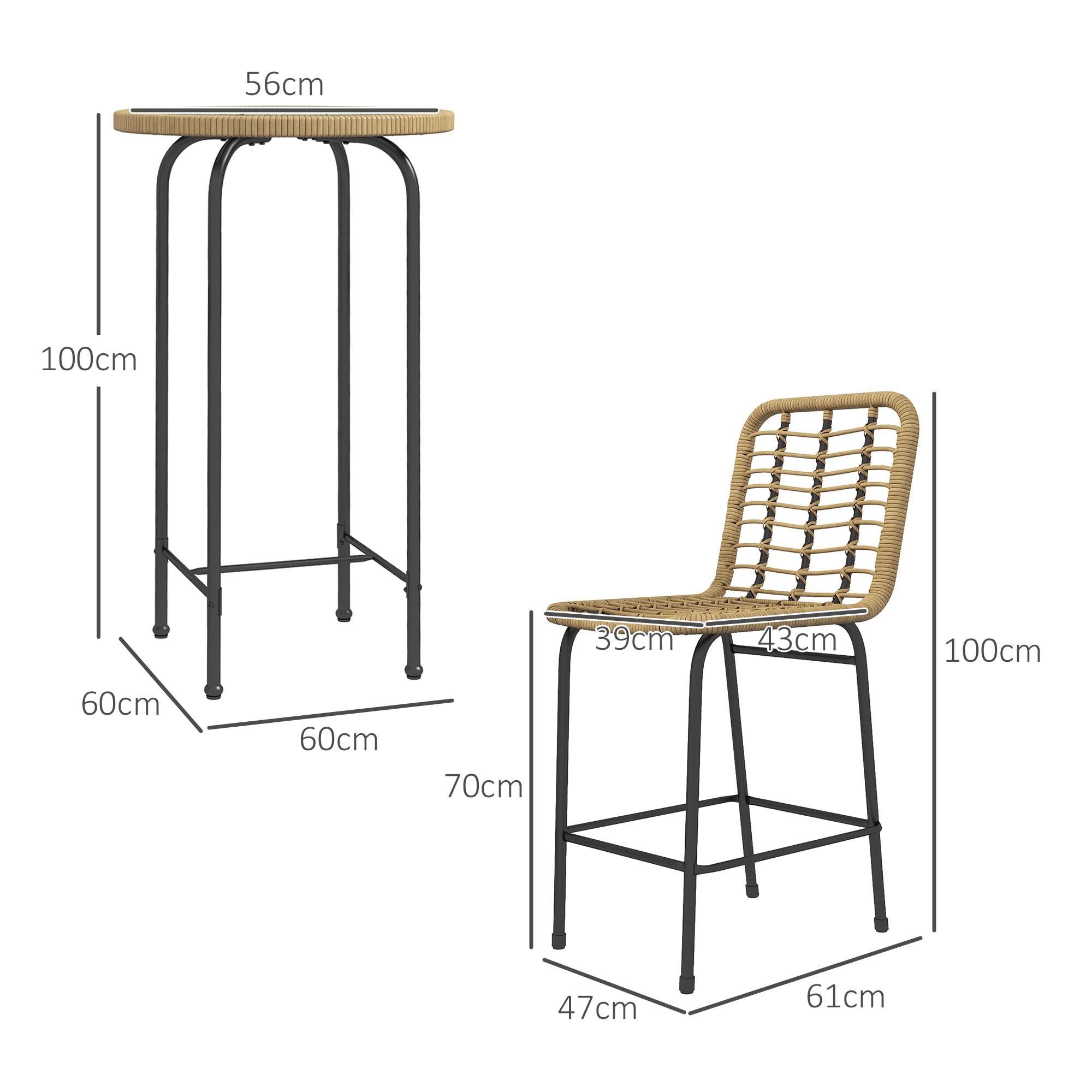 Outsunny Ensemble de Bar de Jardin 3 pièces Table Haute Ronde Design bohème + 2 tabourets Ronds Repose-Pied métal Naturel Noir