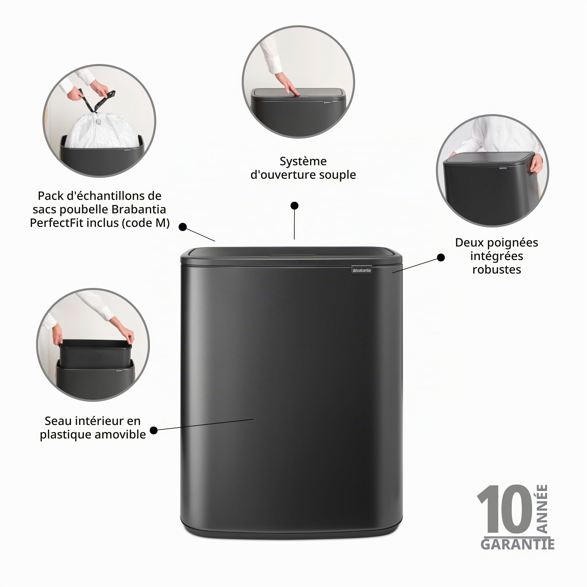 Brabantia Poubelle de cuisine Bo Touch 60 L | Poubelle XXL à ouverture soft-touch avec bac intérieur | Poubelle compacte à dos plat pour cuisine | Solution élégante | Confident Grey