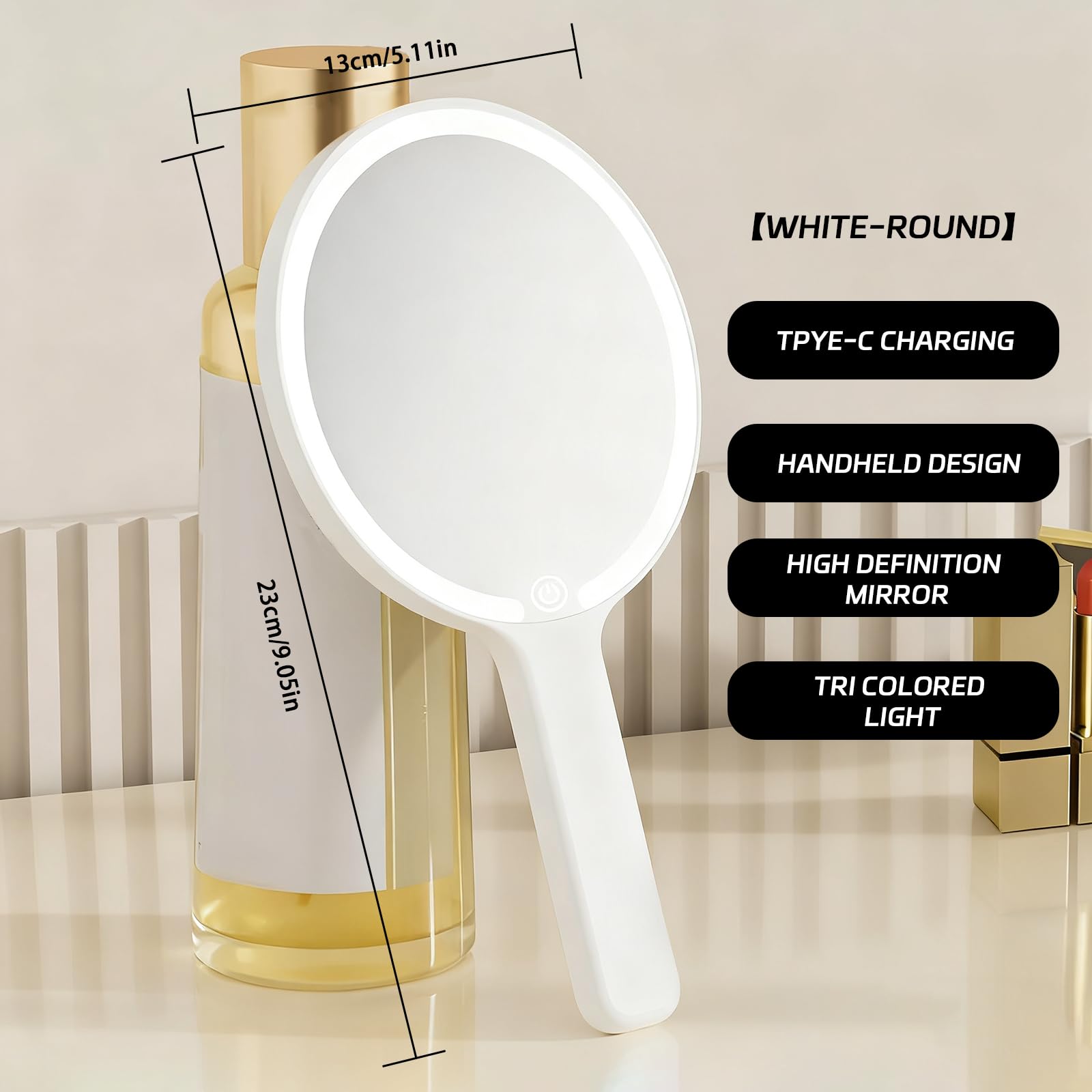 Specchio a Mano con Luce, Specchio da Trucco Ricaricabile Portatile, Interruttore Tocco, 3 Colori Chiari, Per Parrucchiere, Trucco, Casa, Viaggio (Round)