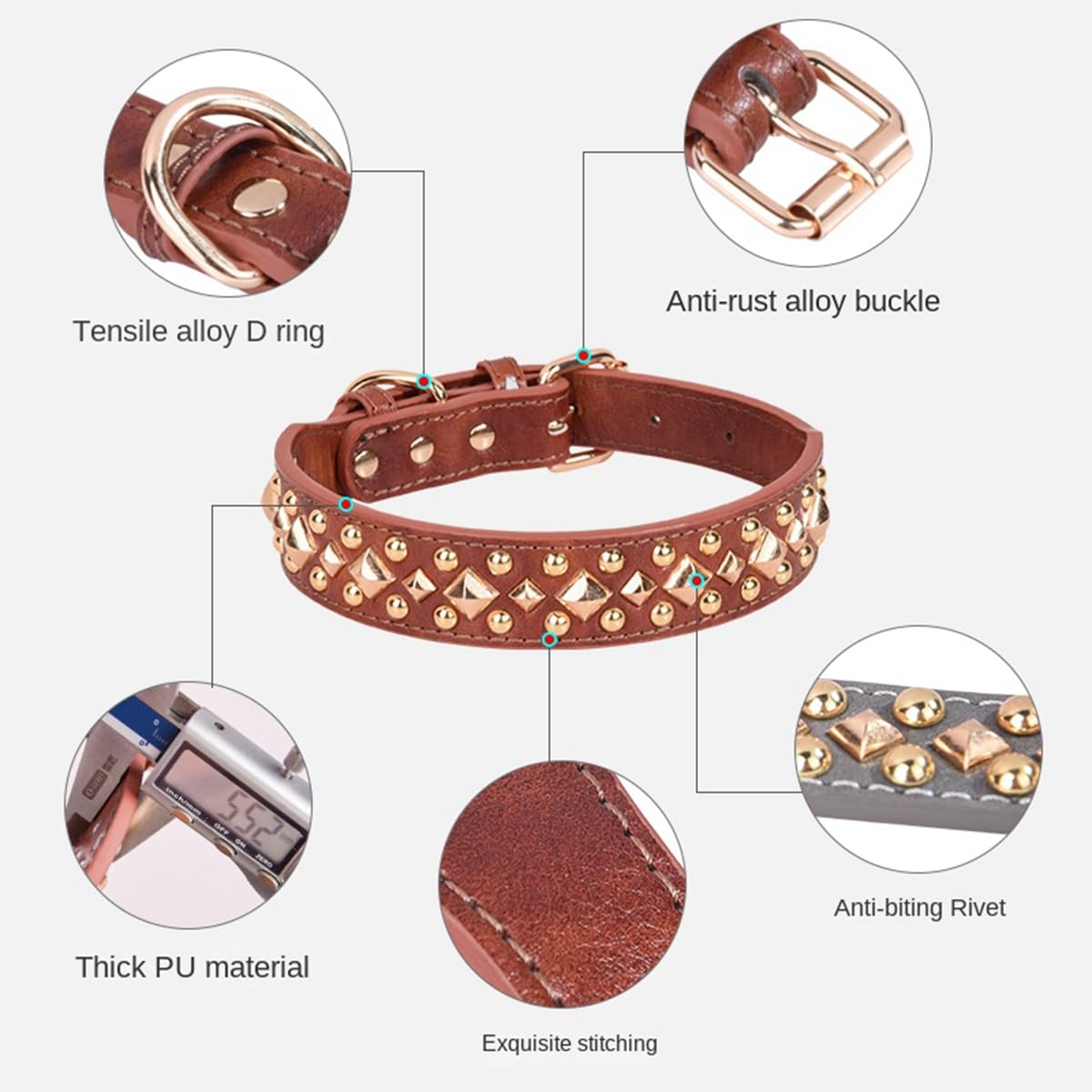 haoyueer Spiked Dog Collar Soft Pu Leather Mushrooms Rivet Spike Studded Dog Collar Adjustable Puppy Collars (M, Brown) - Image 3