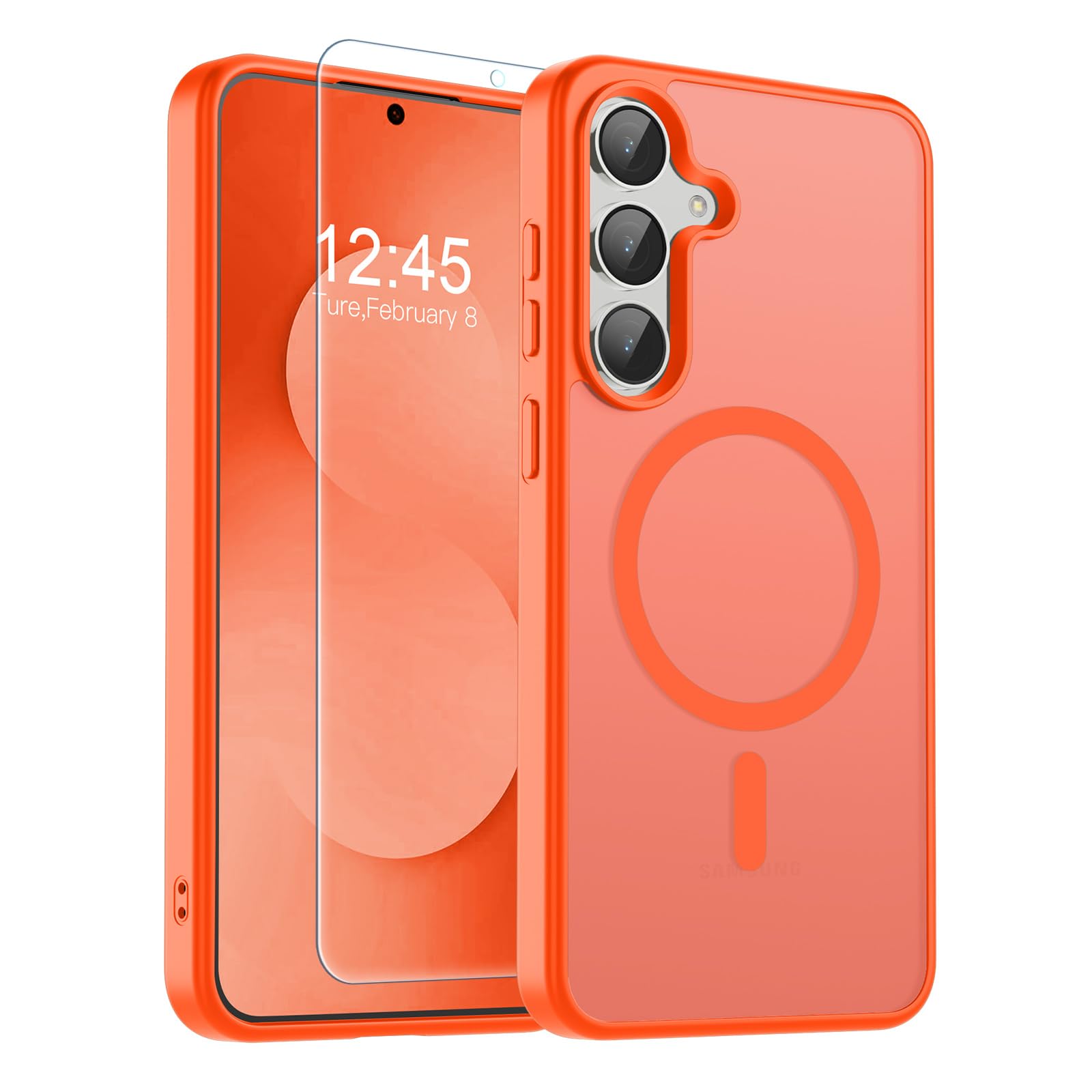 SUPFINE Magnetic for Samsung Galaxy S25 FE Case with Screen Protector, (Built-in Magnets) (Military Grade Drop Protection) Slim Translucent Shockproof Phone Case,Orange