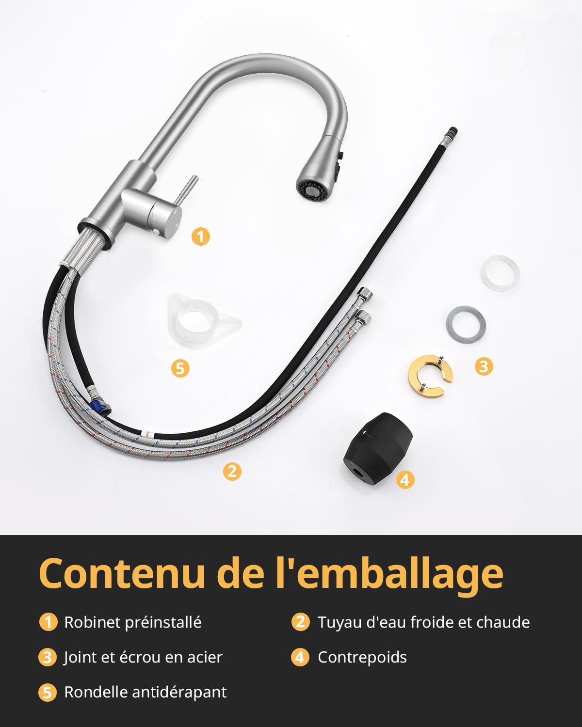 Hiqufet Robinets de Cuisine, Robinet Mitigeur Évier avec Pivotant 360° et Bec Extractible, Robinet Évier Haute Arche à Une Seule Manette en Acier Inoxydable, Nickel Brossé