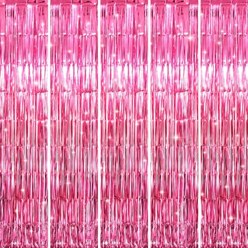 Image of GOER 5 Packs Hot Pink Metallic Tinsel Foil Fringe Curtains for Party Photo Backdrop Wedding Decoration