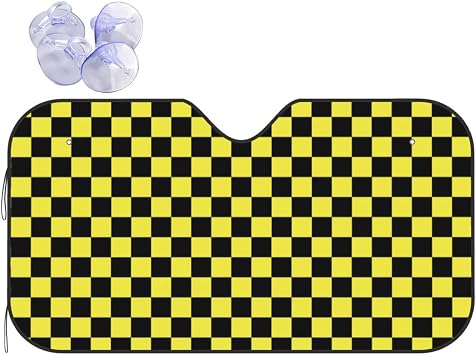 Black Yellow Race Checkered Flag Car Windshield Sun Shade Front Window Sun Visor Protector Blocks UV Rays for Truck SUV 51x27.5 Inch