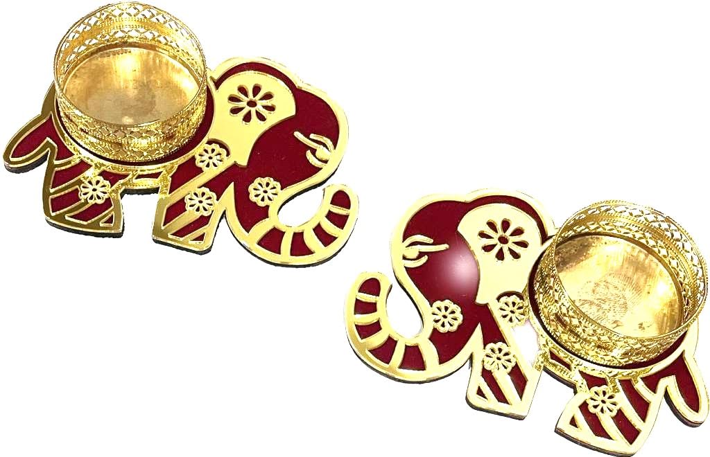 Decorative T Light Holder Tealight Candle Stand T-Light Holder Decorative Lighting Accessories for Home Décor Decoration Festival Wedding Fuction and Gifting (Red Elephant-Set of 2)