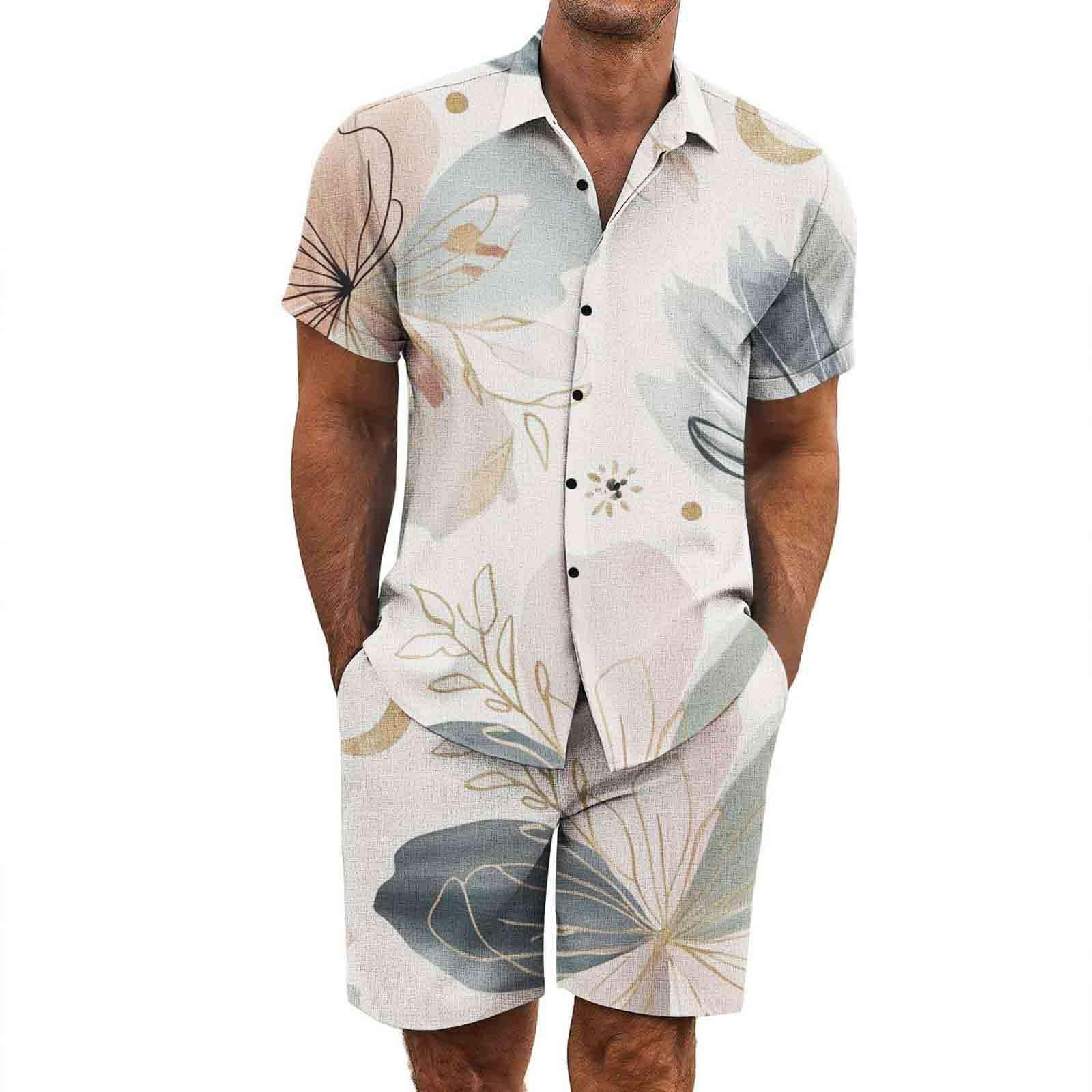 Tuta Completo Uomo da Viaggio Estivo 2 Pezzi - Set Camicia e Short Hawaiano Stampa Abbigliamento Leggero Tuta Sportivo Estiva Elegante Traspirante per Vacanze e Tempo