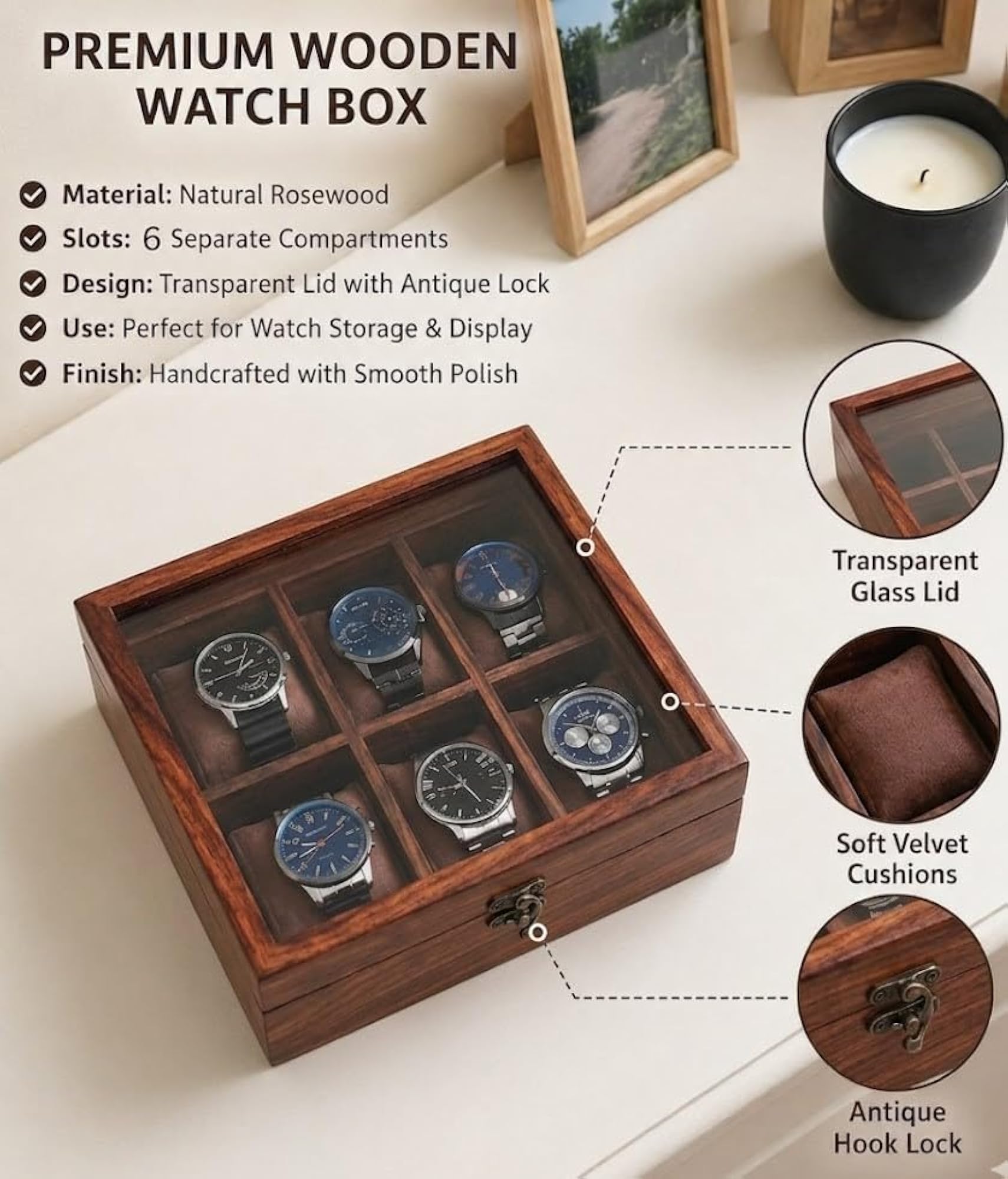 Wooden Watch Box Organizer with 6 Slots