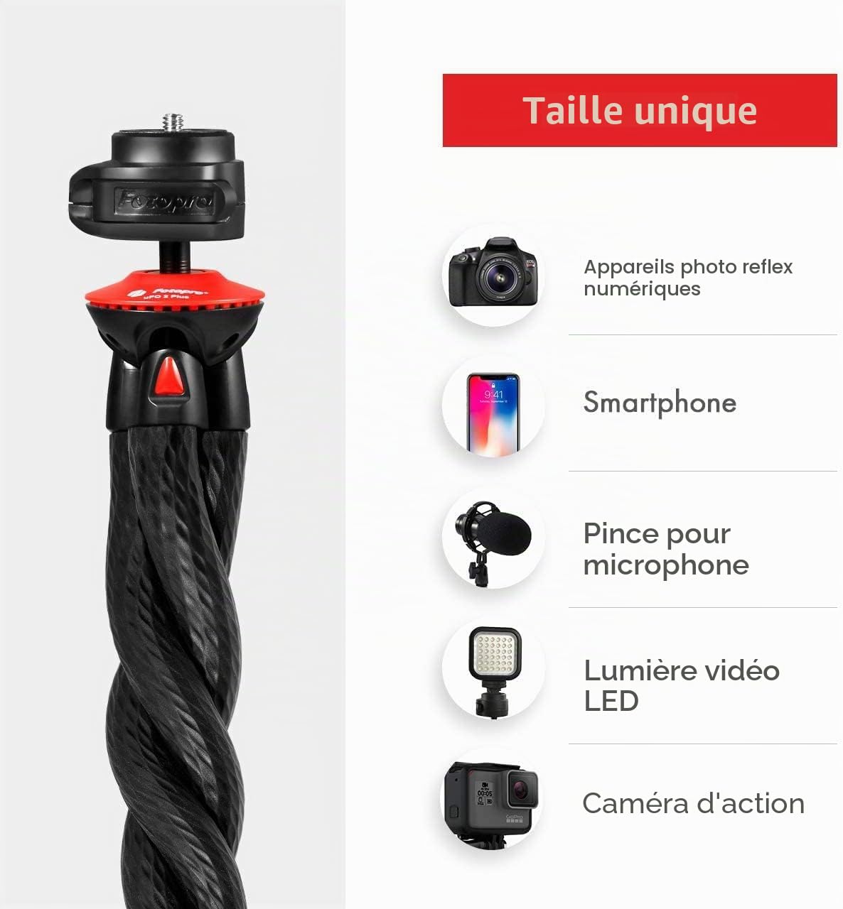 Fotopro UFO2 Mini Trépied Flexible Smartphone Pieds Enroulables 0.20kg Charge 1.2kg