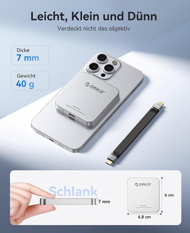 SSD extern magnetic ORICO 512GB, 2000 MB/s, USB-C, portabil, pentru înregistrare 4K ProRes HDR, compatibil cu iPhone 15 și 16, telefoane cu port Type-C și calculatoare