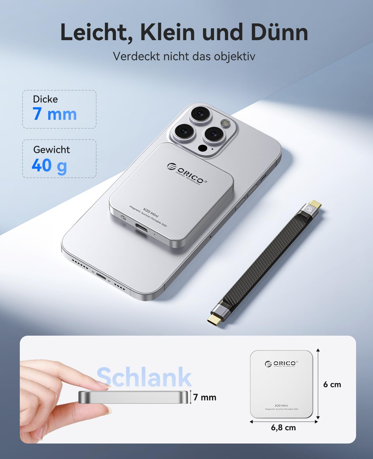 ORICO 512GB Magnetische Externe SSD, 4K ProRes HDR Aufzeichnung und Speicherung, Portable SSD bis zu 2000 MB/s, Nur Kompatibel mit iPhone 15/16 Series, Smartphone, Computer mit Typ-C Anschluss K20Mini