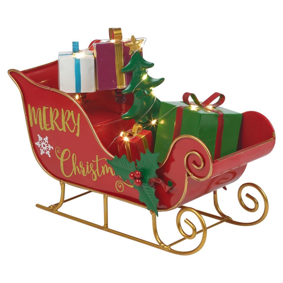 URBNLIVING Enfeite de Natal de trenó grande pintado à mão, decoração de Pai Natal para centro de mesa, decoração LED de mesa, trenó vermelho