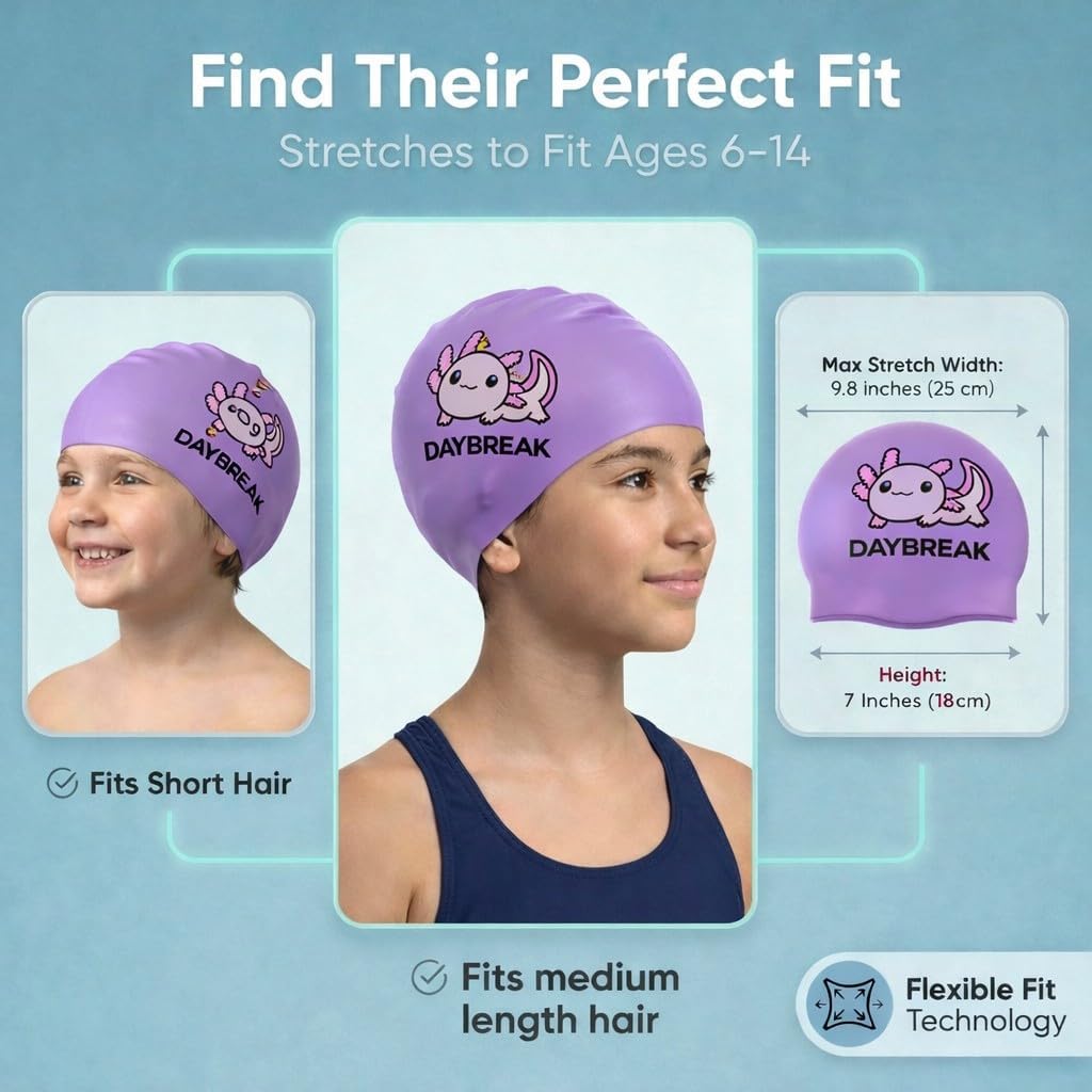 Swim Cap Kids & Teens - Seamless Non Slip Waterproof Silicone Swimming Cap - Kids Swim Cap Comfortable Fit Fun Design Swimming Cap for Girls & Boys DAYBREAK
