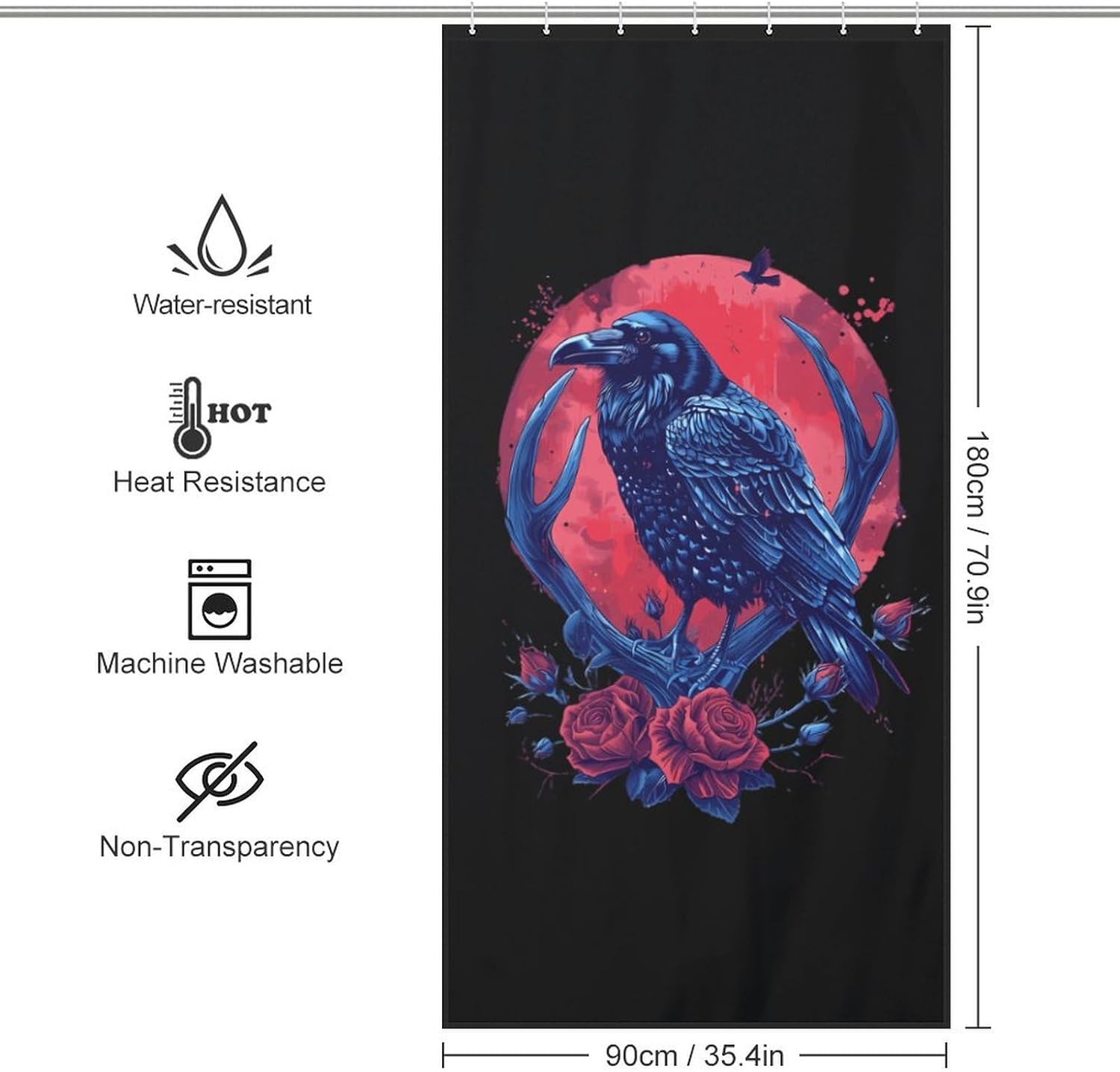 Crows and Flowers Funny Shower Curtains Washable Bath Curtain Liner with Hooks for Bathroom Bath Tubs