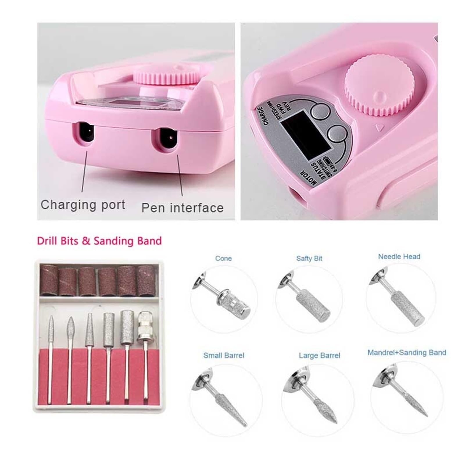 Elektryczna frezarka do paznokci, Profesjonalny Zestaw Manicure Manchine 30000 RPM Elektryczne Wiertła Do Paznokci Frez Pilnik Do Paznokci Szlifierka Żel Polski Pedicure Zestawy Narzędzi(Pink)