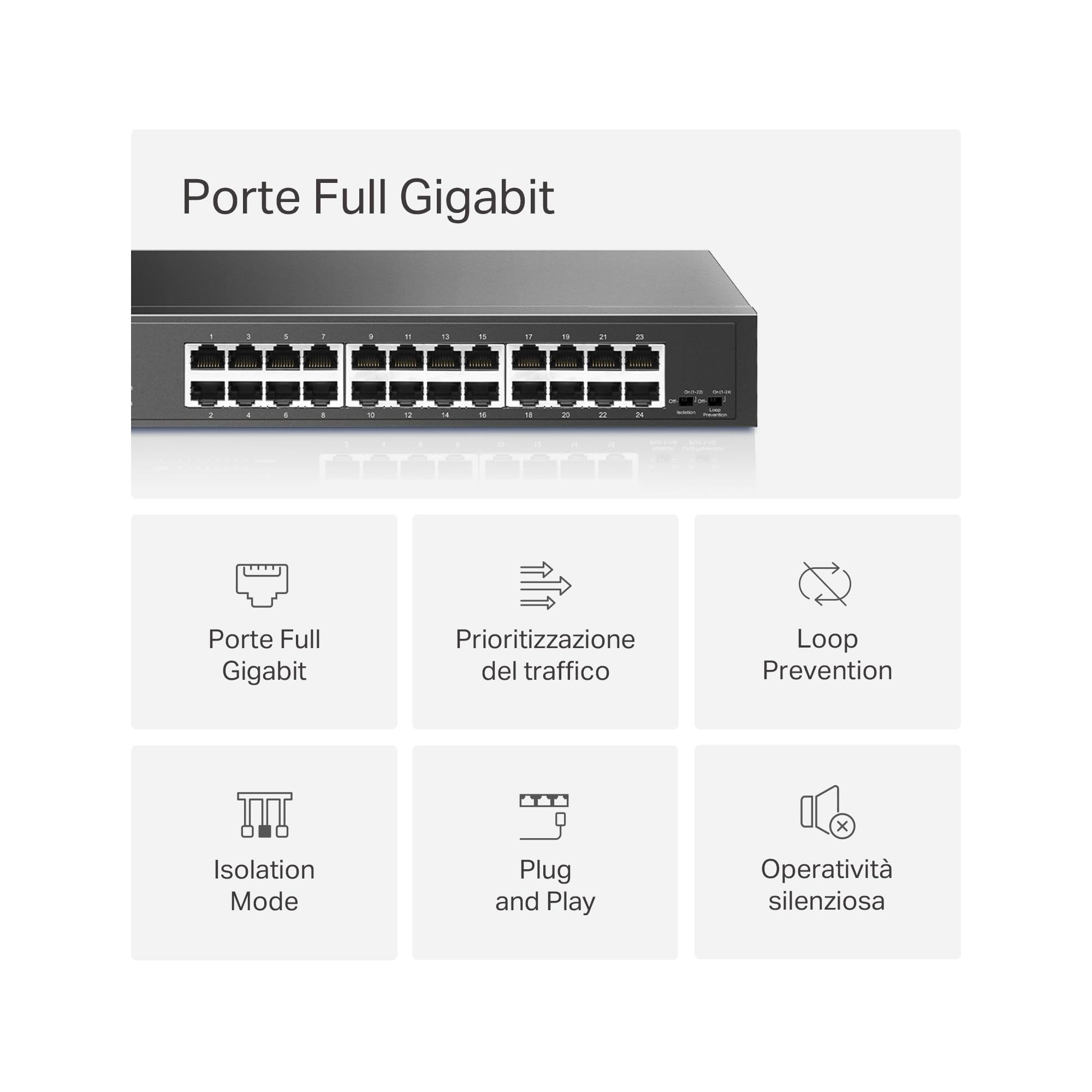Mercusys TP-Link MS124GS Switch Gigabit 24 Porte, Montaggio Desktop o Rack, Plug & Play, Priorità del Traffico, Prevenzione Loop, Modalità di Isolamento, Funzionamento Silenzioso, Case in Metallo