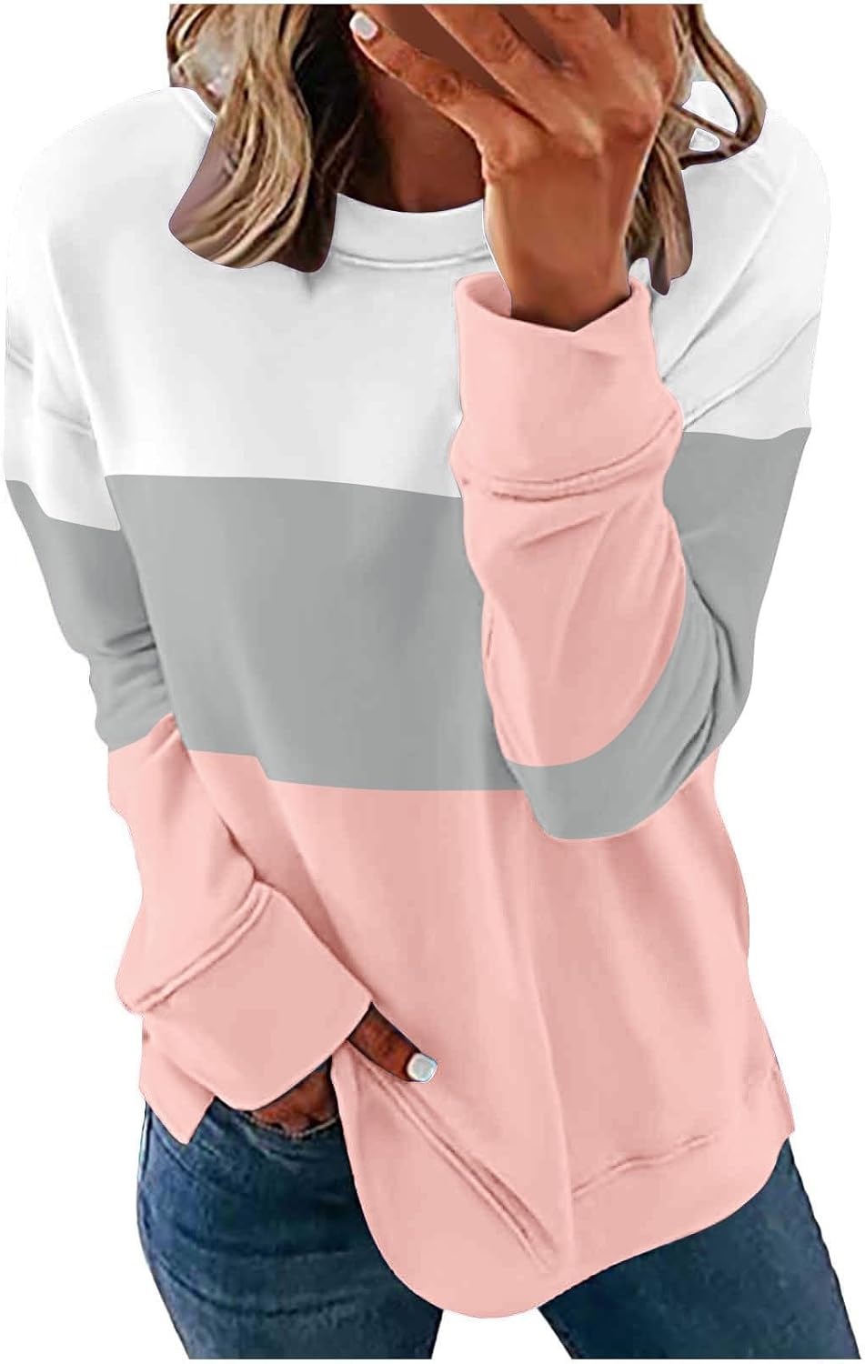 Trendy Long Sleeve Sweatshirts for Women 2024: Casual Crewneck Pullover Blouses with Stripe Print in Relaxed Fit, Perfect for Fall in Pink