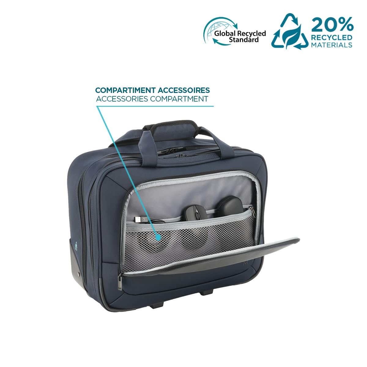 MOBILIS Sacoche à roulettes PC 14-17", Mallette à roulettes, Sac Affaires/Voyage Court Séjour, Matière Déperlante 20% Recyclé, Bleu Marine