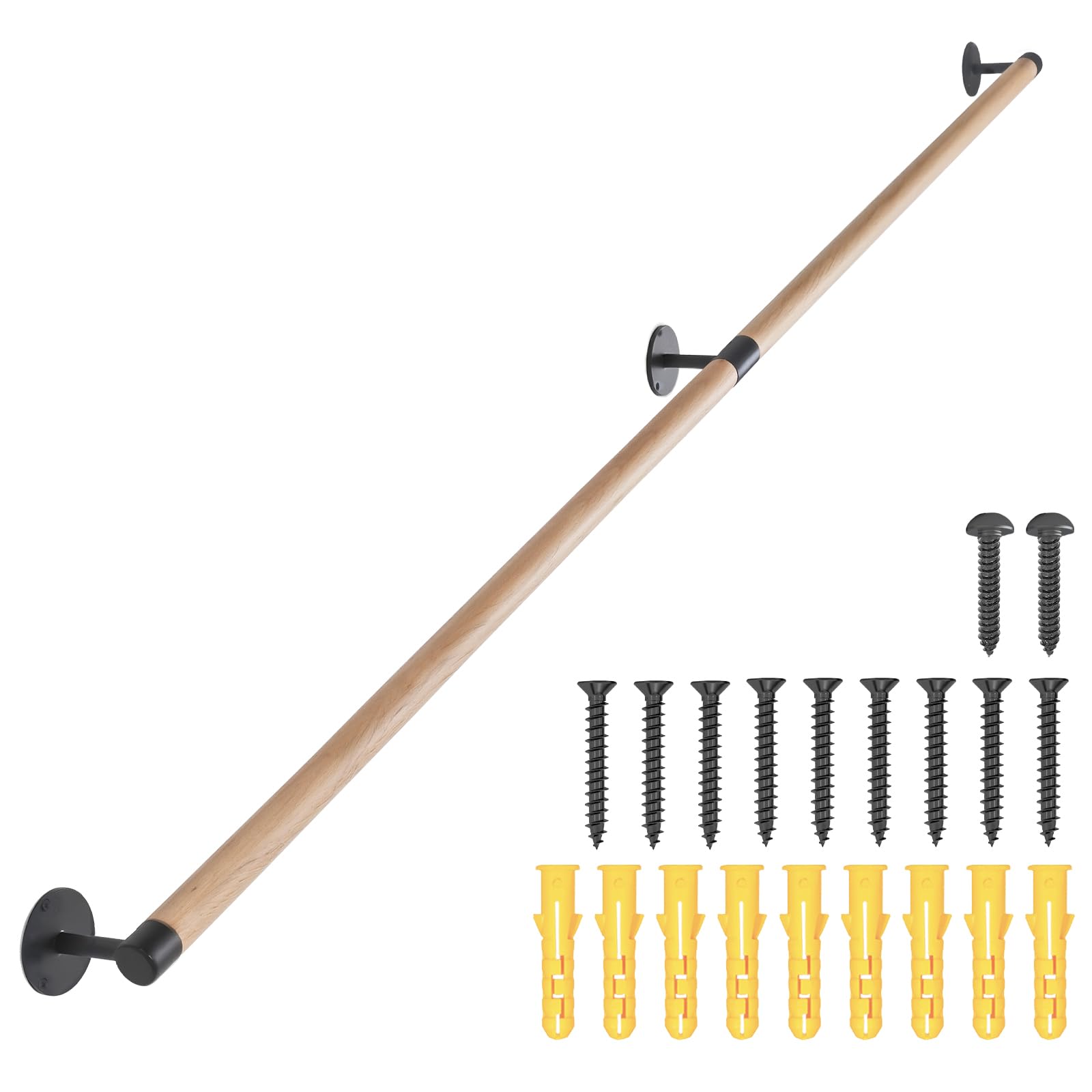 Purife 7 FT Wooden Stairs Handrails Wall Mount- Metal Support Wood Staircase Handrails, Interior Stair Railings, Banister Hand Railing, Outdoor Grab Bars Safety Handle for Elderly or Handicap
