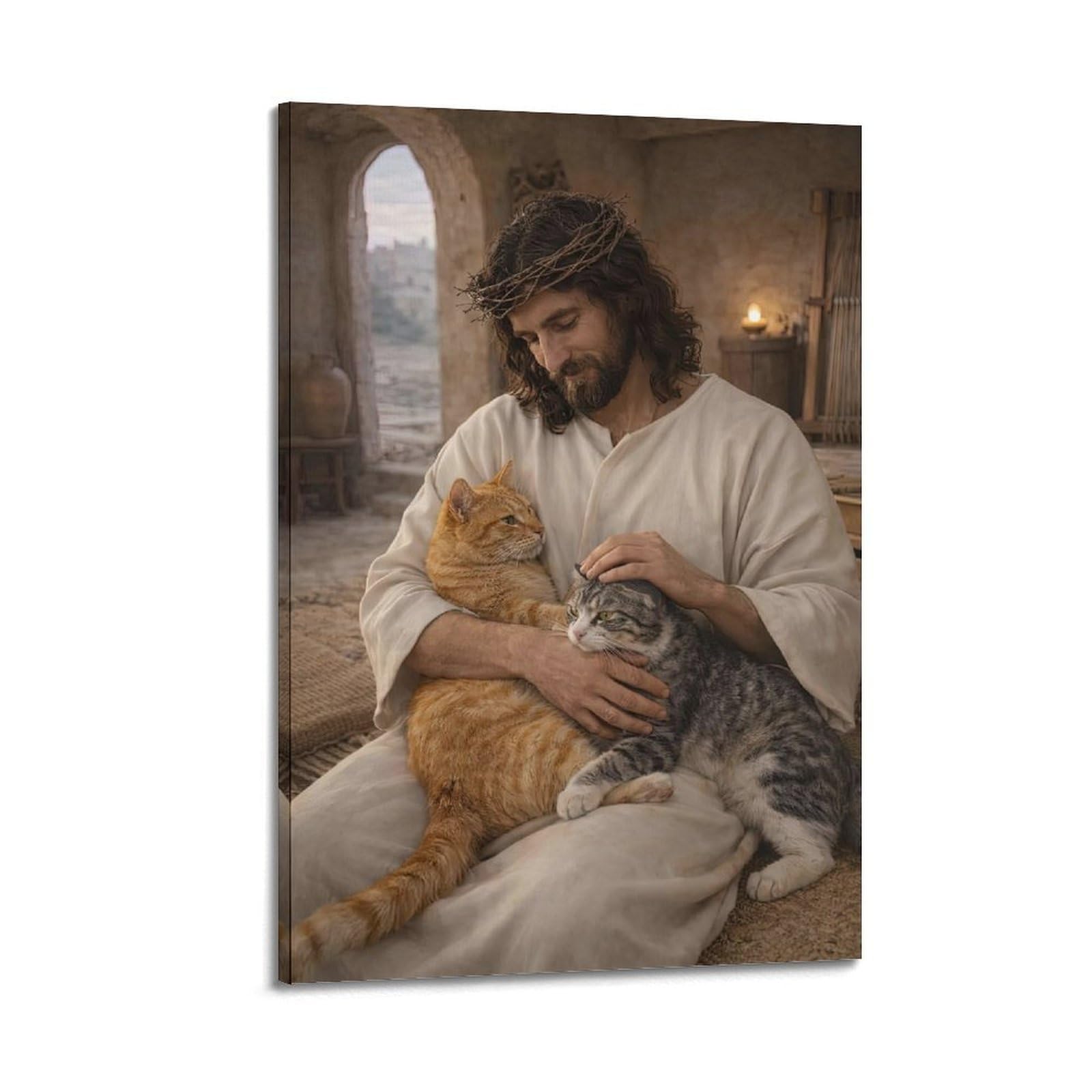 OKAHYS Jesus & Cats Lovely Animal Artwork Poster Decorative Painting Canvas Wall Artworks Picture 20x30inch(50x75cm)