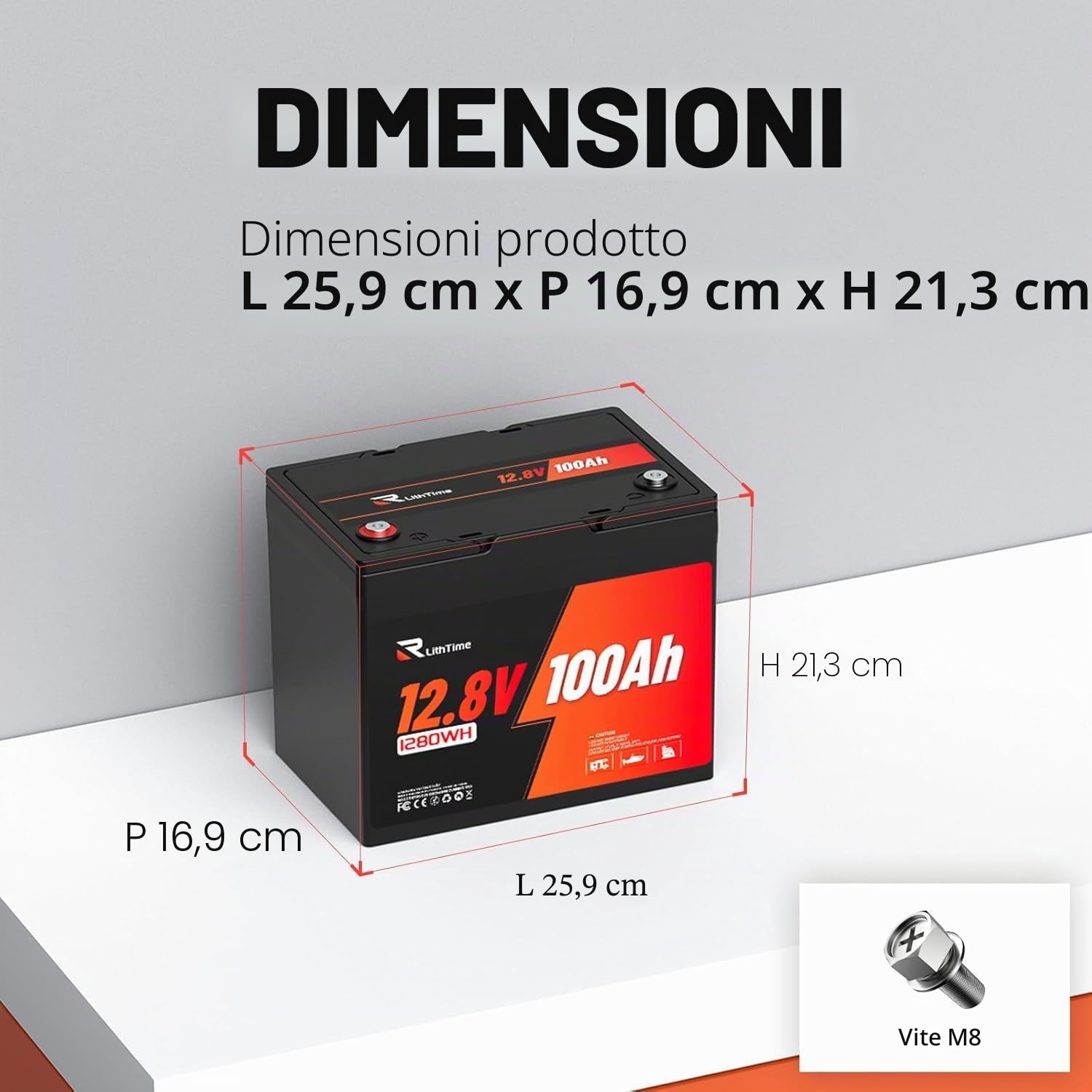 Batteria al Litio 12V 100Ah, Batteria LiFePO4 con Peso 9.5kg e Efficienza 98%, Design Leggero con BMS 100A, IP65, Supporto Alluminio Interno, 4500-16000 Cicli per Camper Sistemi Solari (Group24)