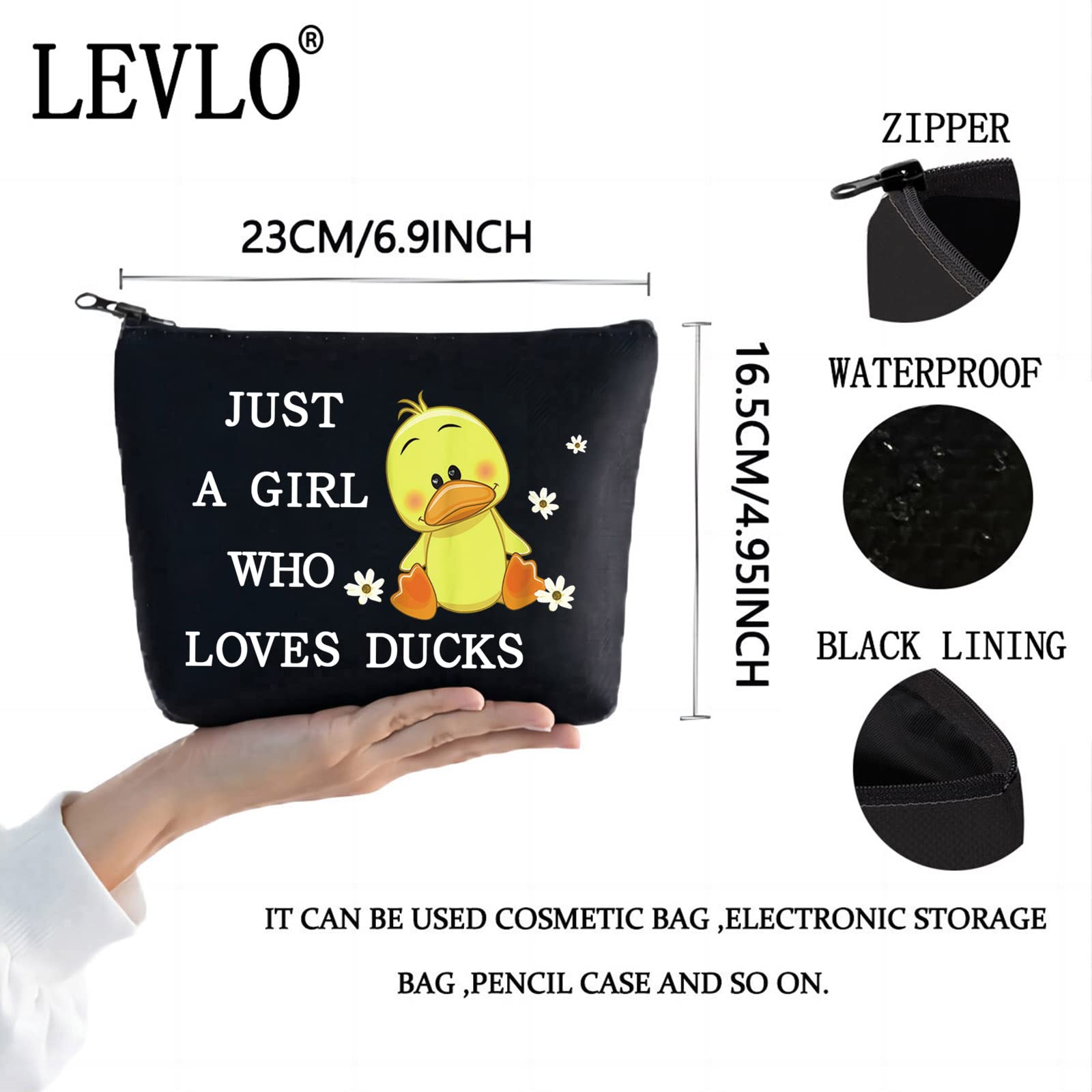 LEVLO Funny Duck Cosmetic Bag - Animal Lover Gift for Women & Girls, Black, Zipper Pouch, Loves Ducks Black - Image 2